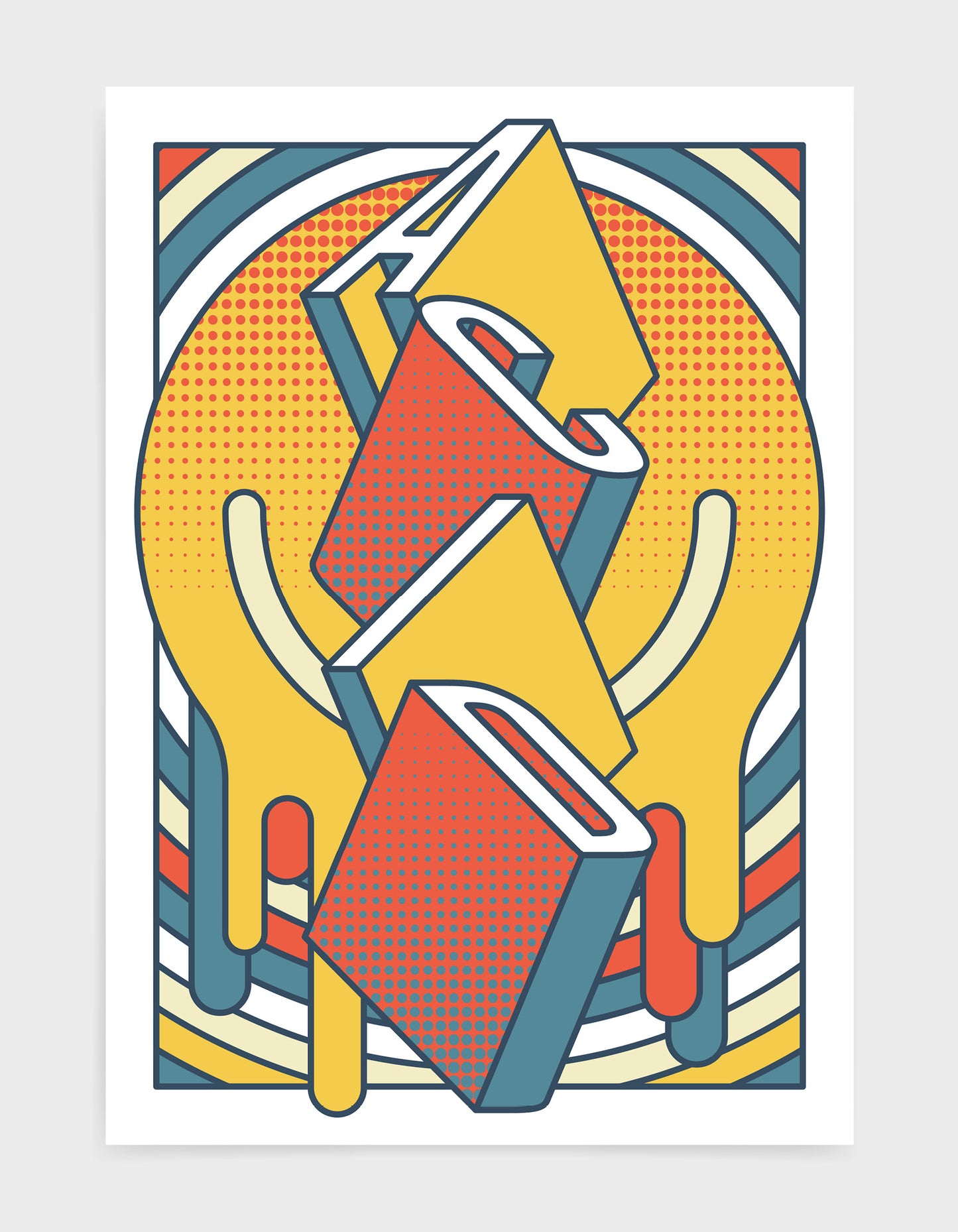 music art print featuring a geometric abstract pattern in blue and orange. Block typography depicts the word Acid in tumbling text