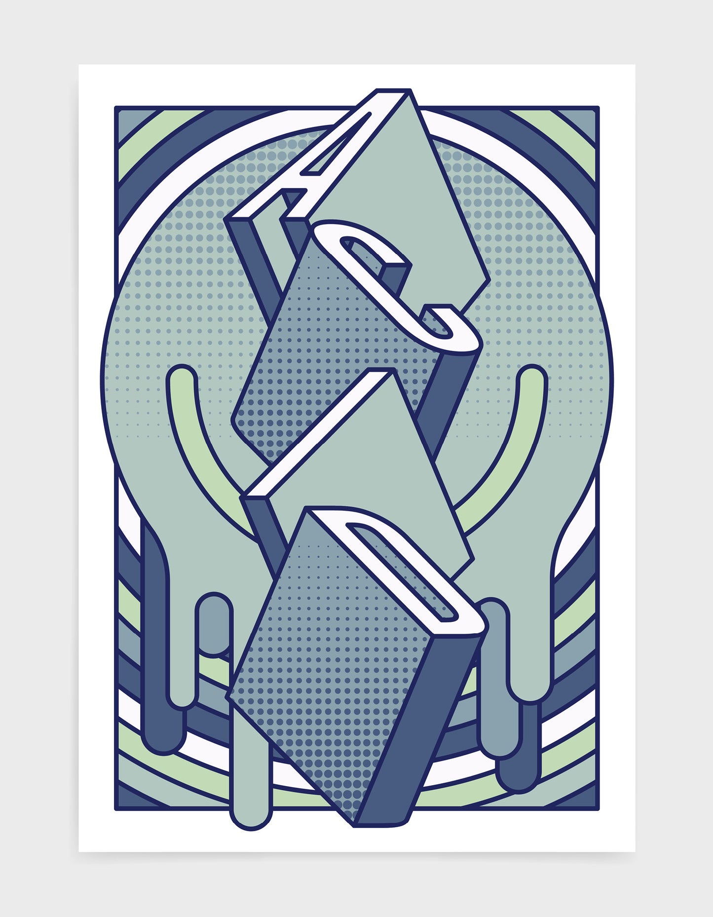 music art print featuring a geometric abstract pattern in blue tones. Block typography depicts the word Acid in tumbling text