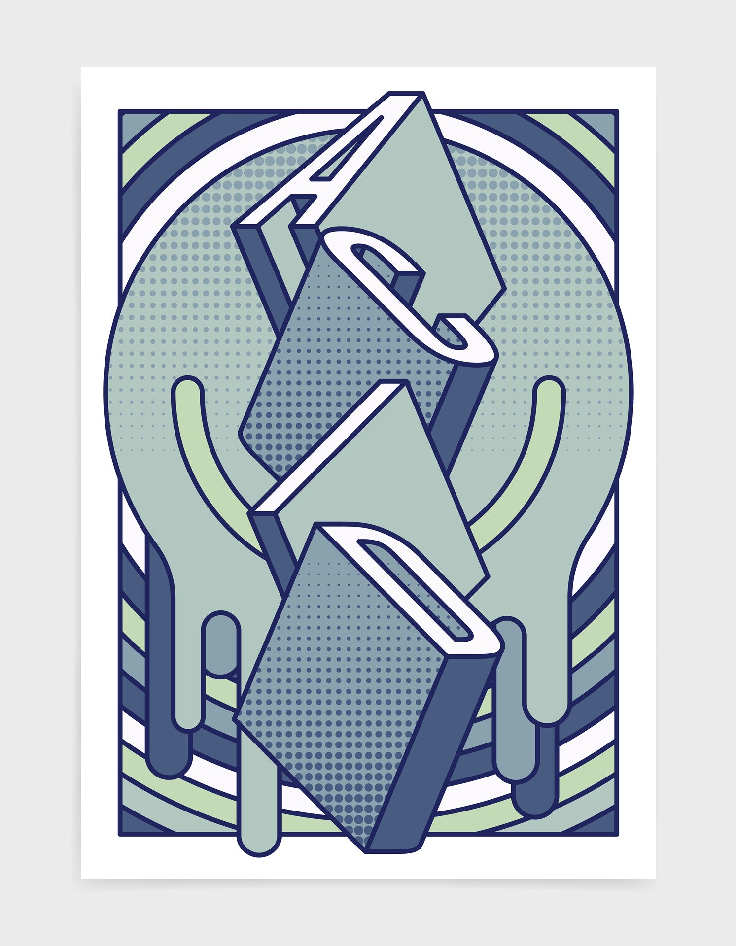 music art print featuring a geometric abstract pattern in blue tones. Block typography depicts the word Acid in tumbling text