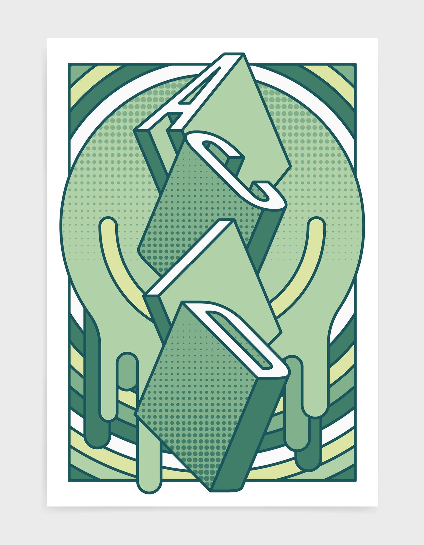 music art print featuring a geometric abstract pattern in green tones. Block typography depicts the word Acid in tumbling text