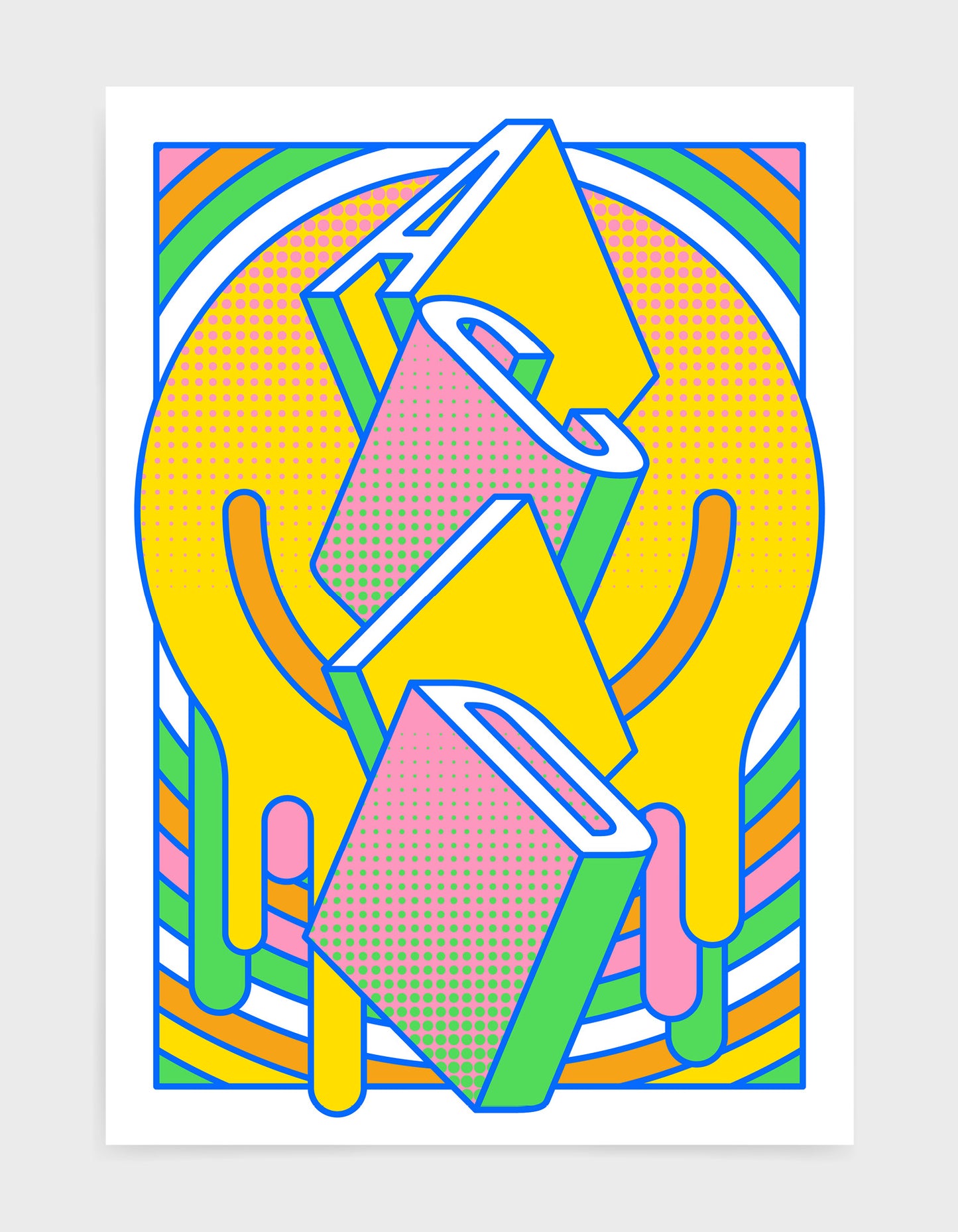 music art print featuring a geometric abstract pattern in vibrant colours. Block typography depicts the word Acid in tumbling text