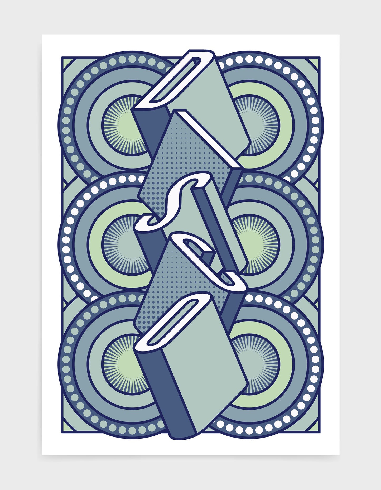 disco music art print featuring a geometric abstract pattern in bold shapes and blue colours. Block typography depicts the word disco in tumbling text