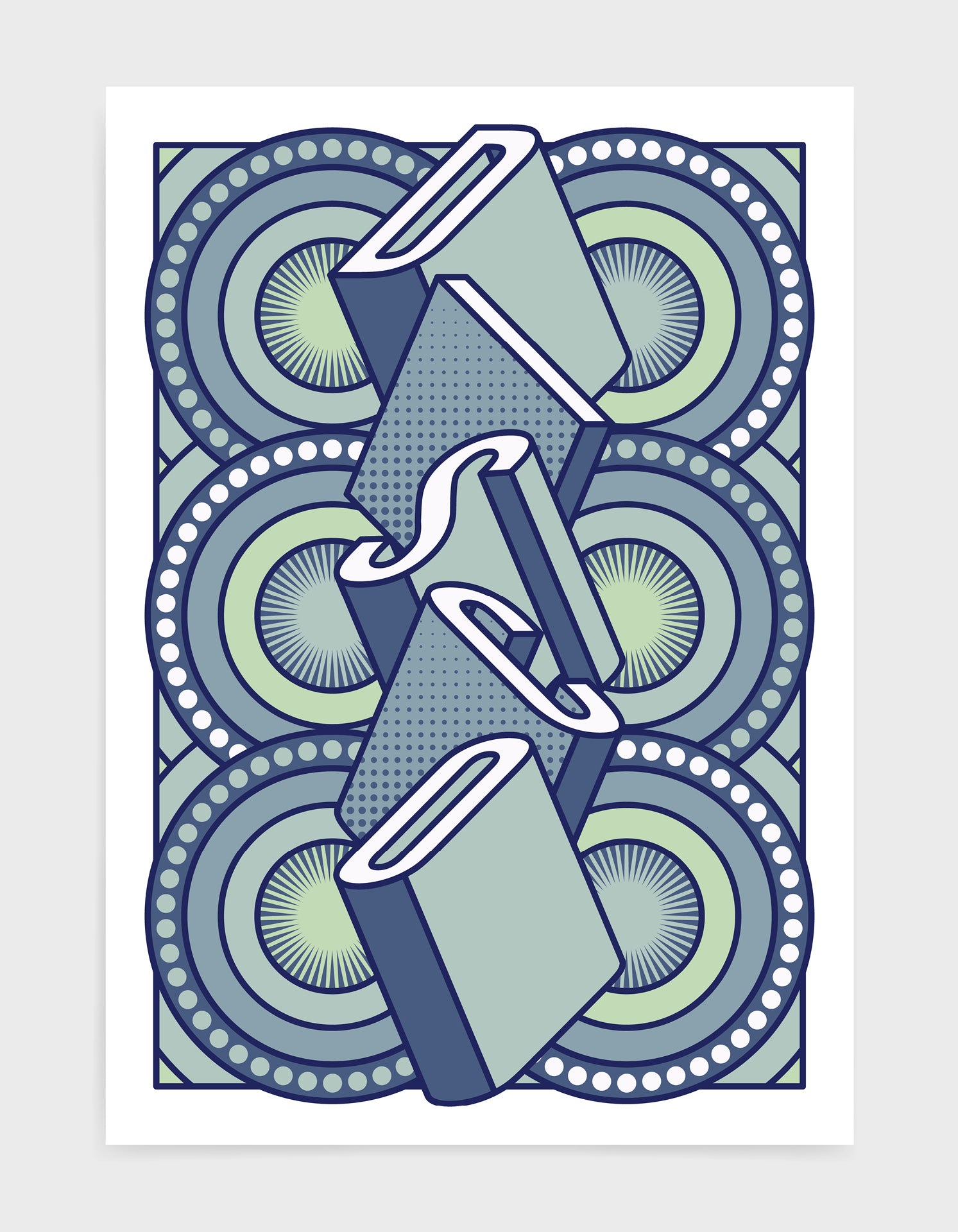 disco music art print featuring a geometric abstract pattern in bold shapes and blue colours. Block typography depicts the word disco in tumbling text