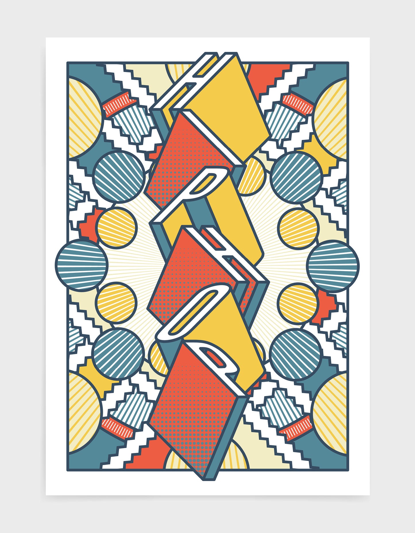 Hiphop music art print featuring a geometric abstract pattern in bold shapes and orange and blue colours. Block typography depicts the word Hiphop in tumbling text