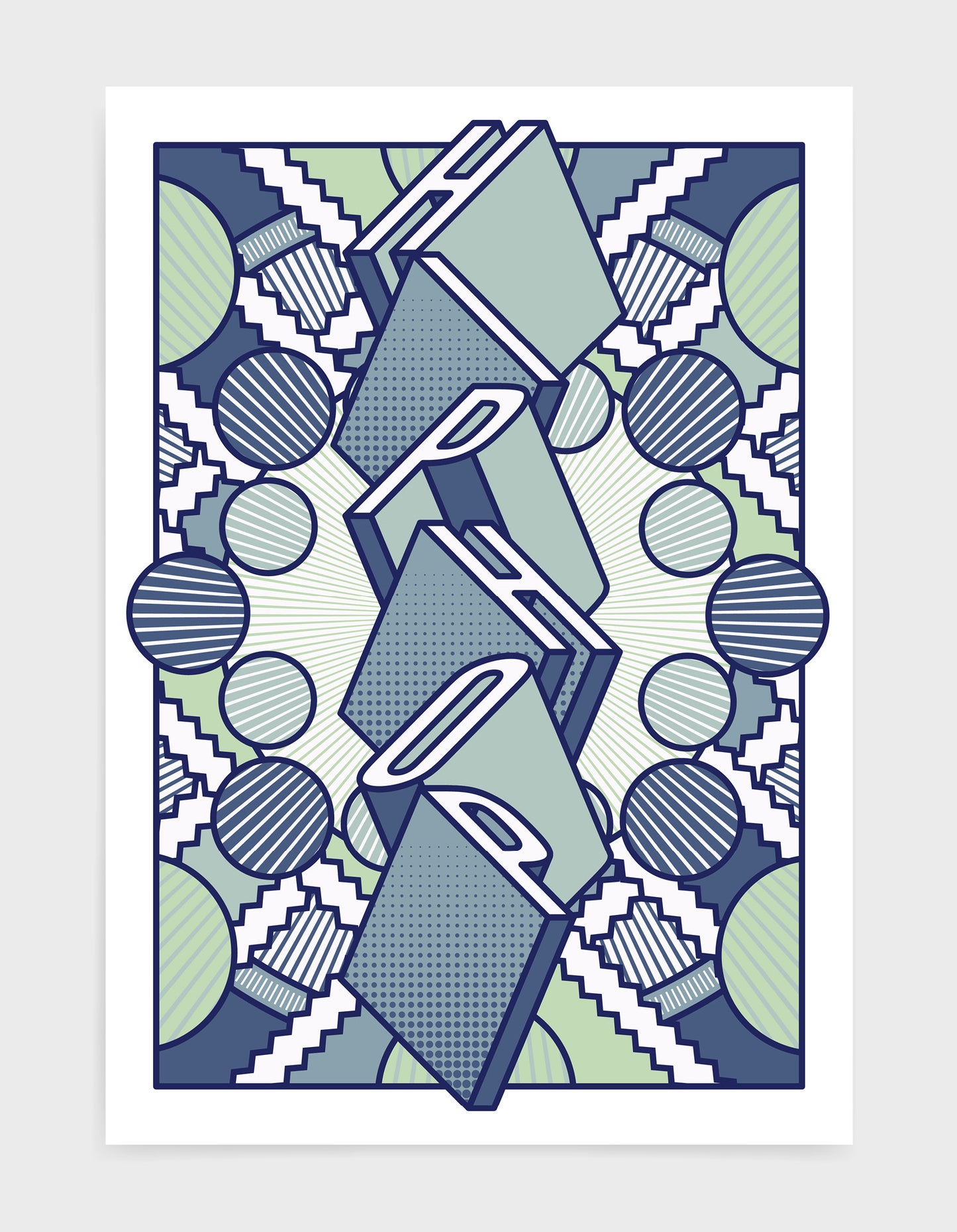 Hiphop music art print featuring a geometric abstract pattern in bold shapes and blue tone colours. Block typography depicts the word Hiphop in tumbling text
