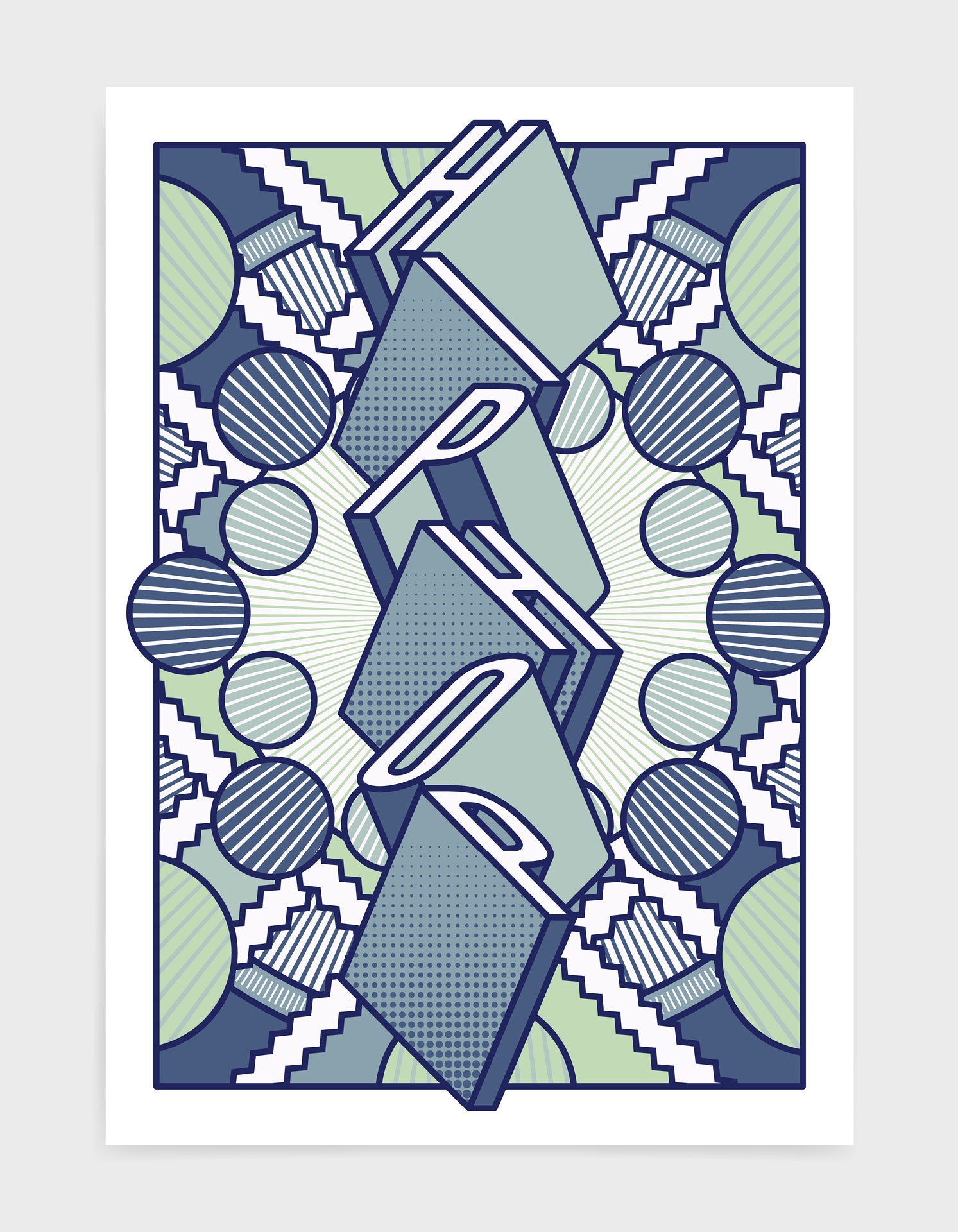 Hiphop music art print featuring a geometric abstract pattern in bold shapes and blue tone colours. Block typography depicts the word Hiphop in tumbling text