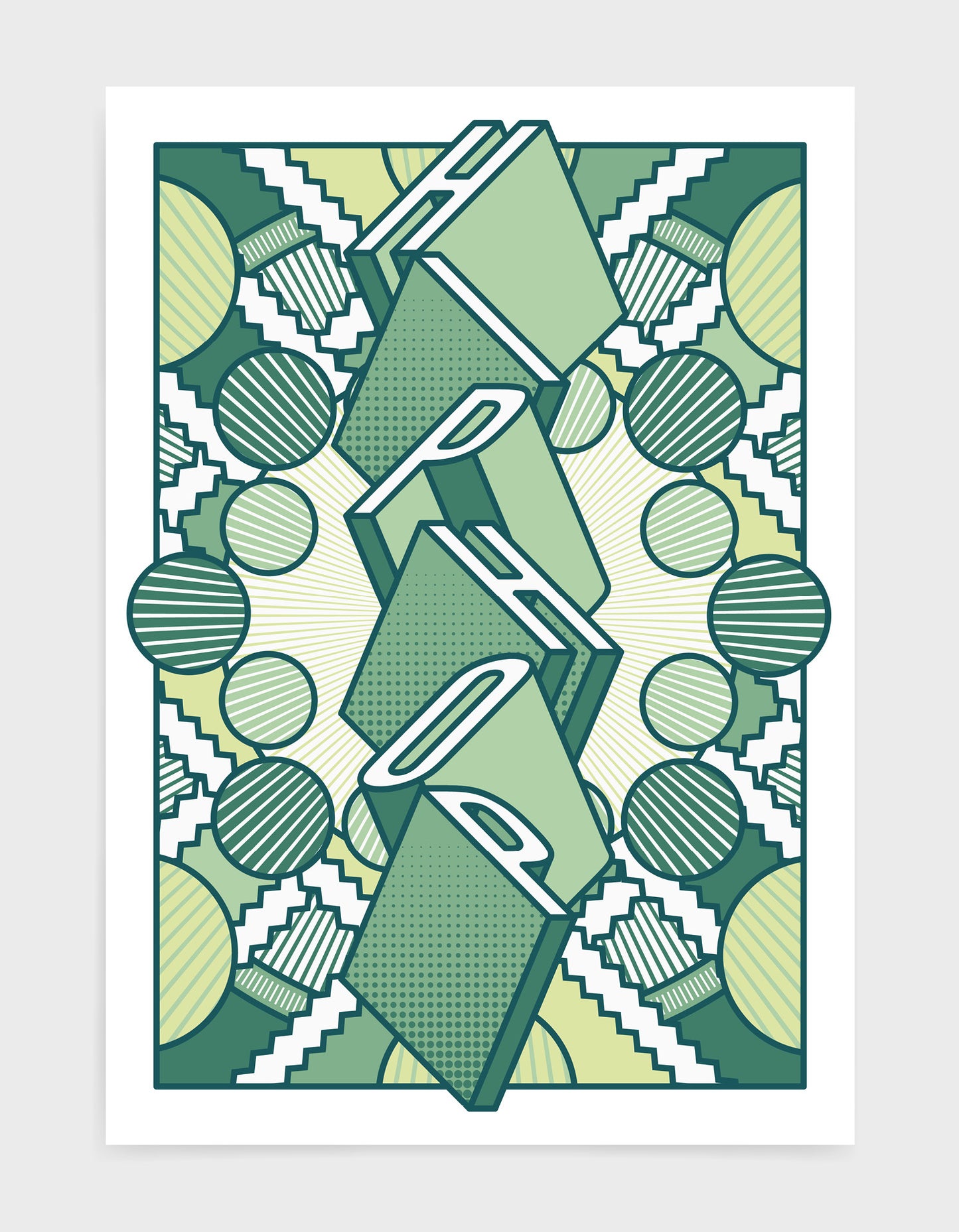 Hiphop music art print featuring a geometric abstract pattern in bold shapes and green tone colours. Block typography depicts the word Hiphop in tumbling text