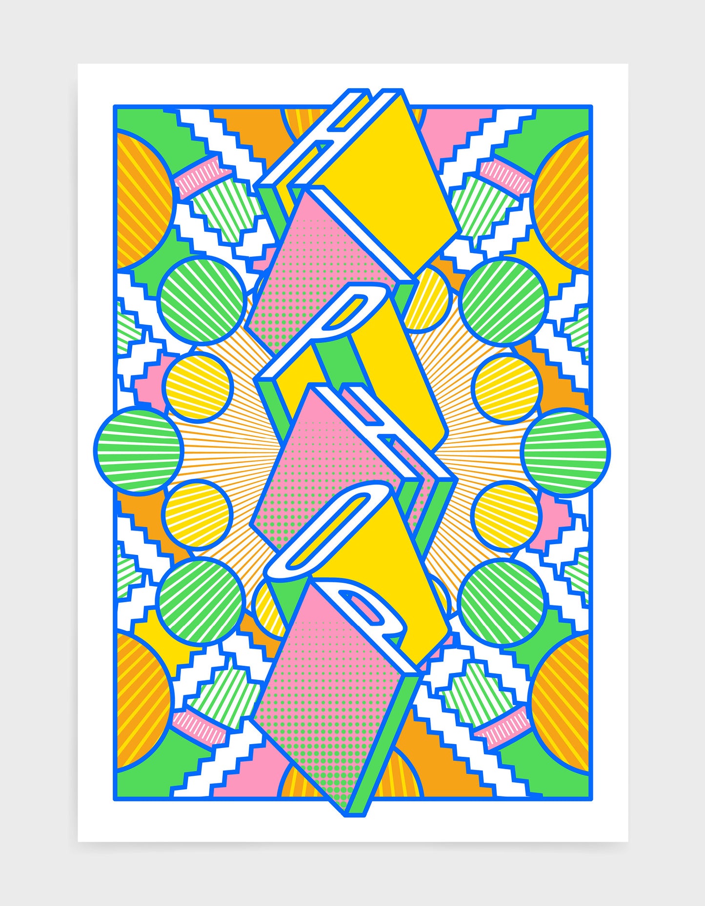 Hiphop music art print featuring a geometric abstract pattern in bold shapes and vibrant rainbow colours. Block typography depicts the word Hiphop in tumbling text