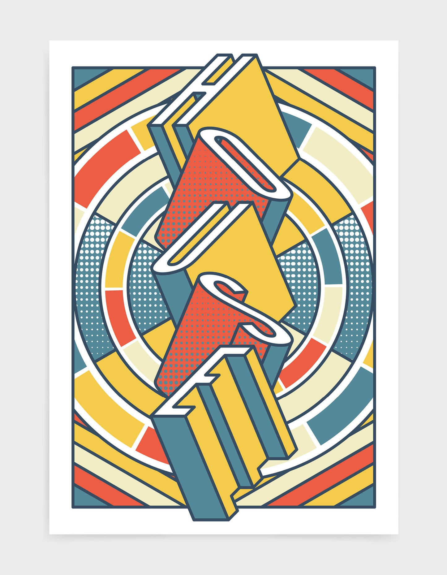house music art print featuring a geometric abstract pattern in bold shapes and orange tone colours. Block typography depicts the word House in tumbling text