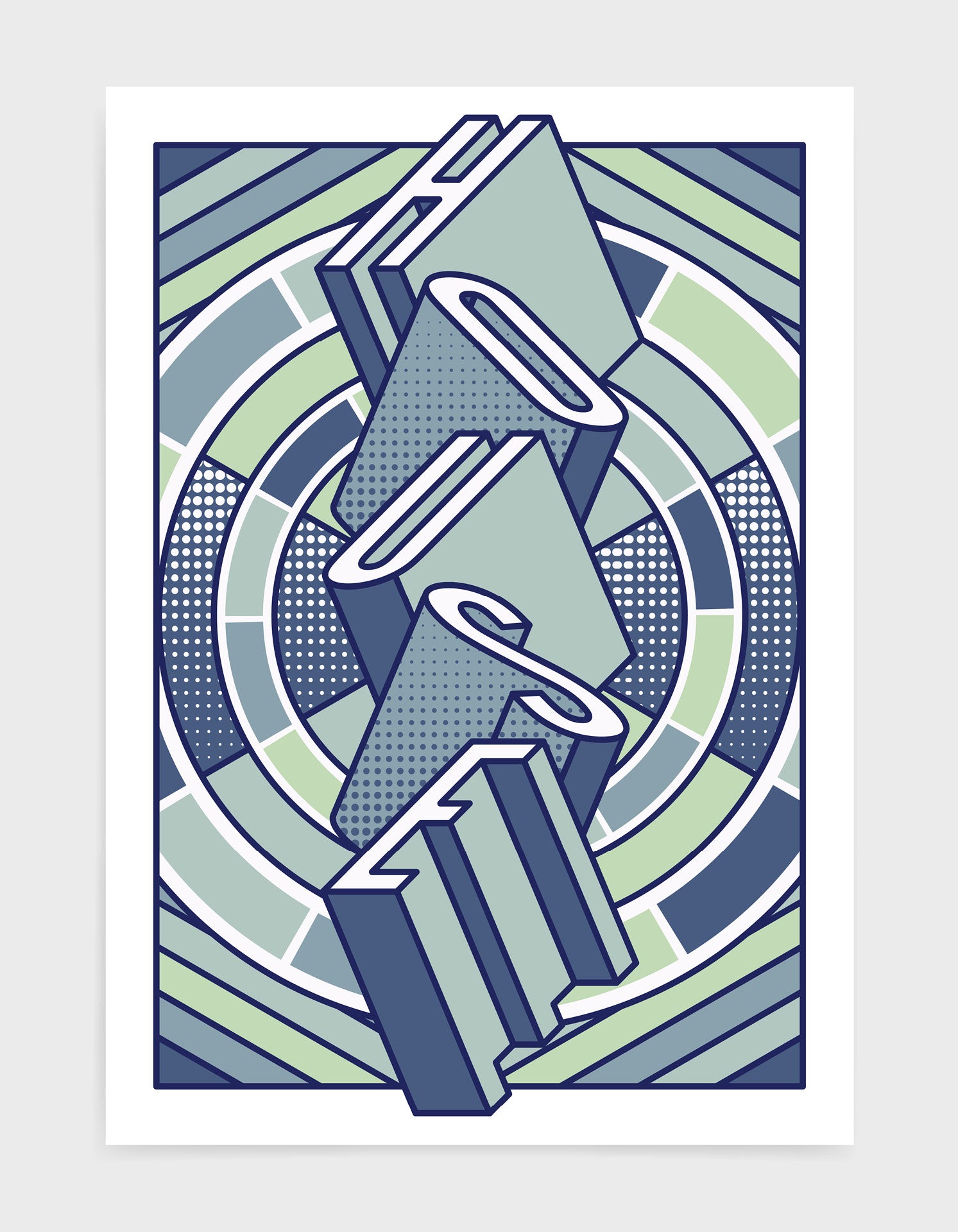 house music art print featuring a geometric abstract pattern in bold shapes and blue tone colours. Block typography depicts the word House in tumbling text