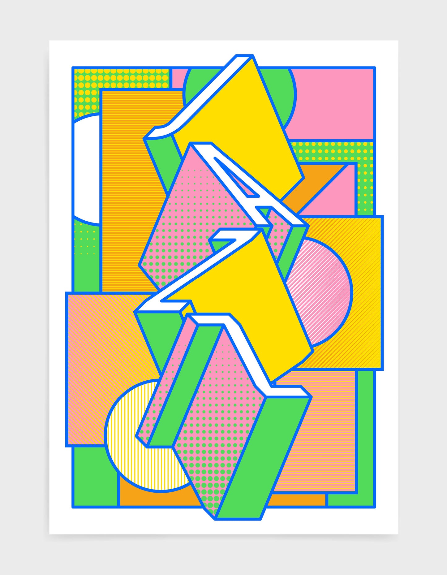 Jazz music art print featuring a geometric abstract pattern in bold shapes and vibrant rainbow colours. Block typography depicts the word Jazz in tumbling text