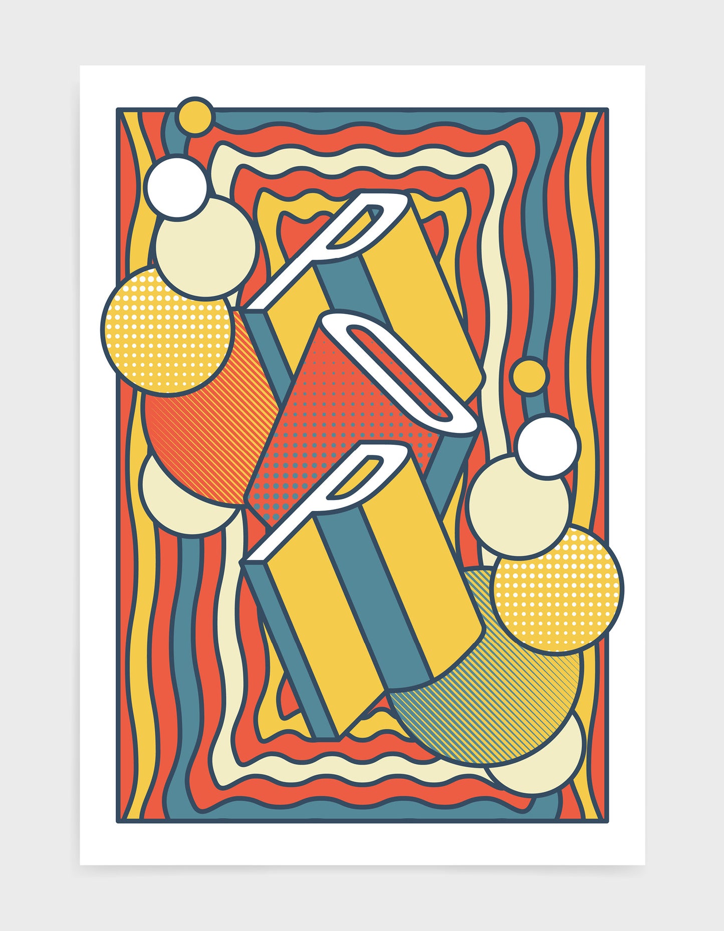 pop music art print featuring a geometric abstract pattern in bold shapes and orange tonal colours. Block typography depicts the word Pop in tumbling text