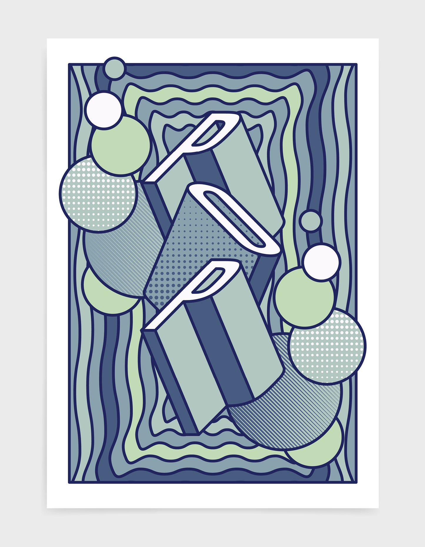 pop music art print featuring a geometric abstract pattern in bold shapes and blue tone colours. Block typography depicts the word Pop in tumbling text