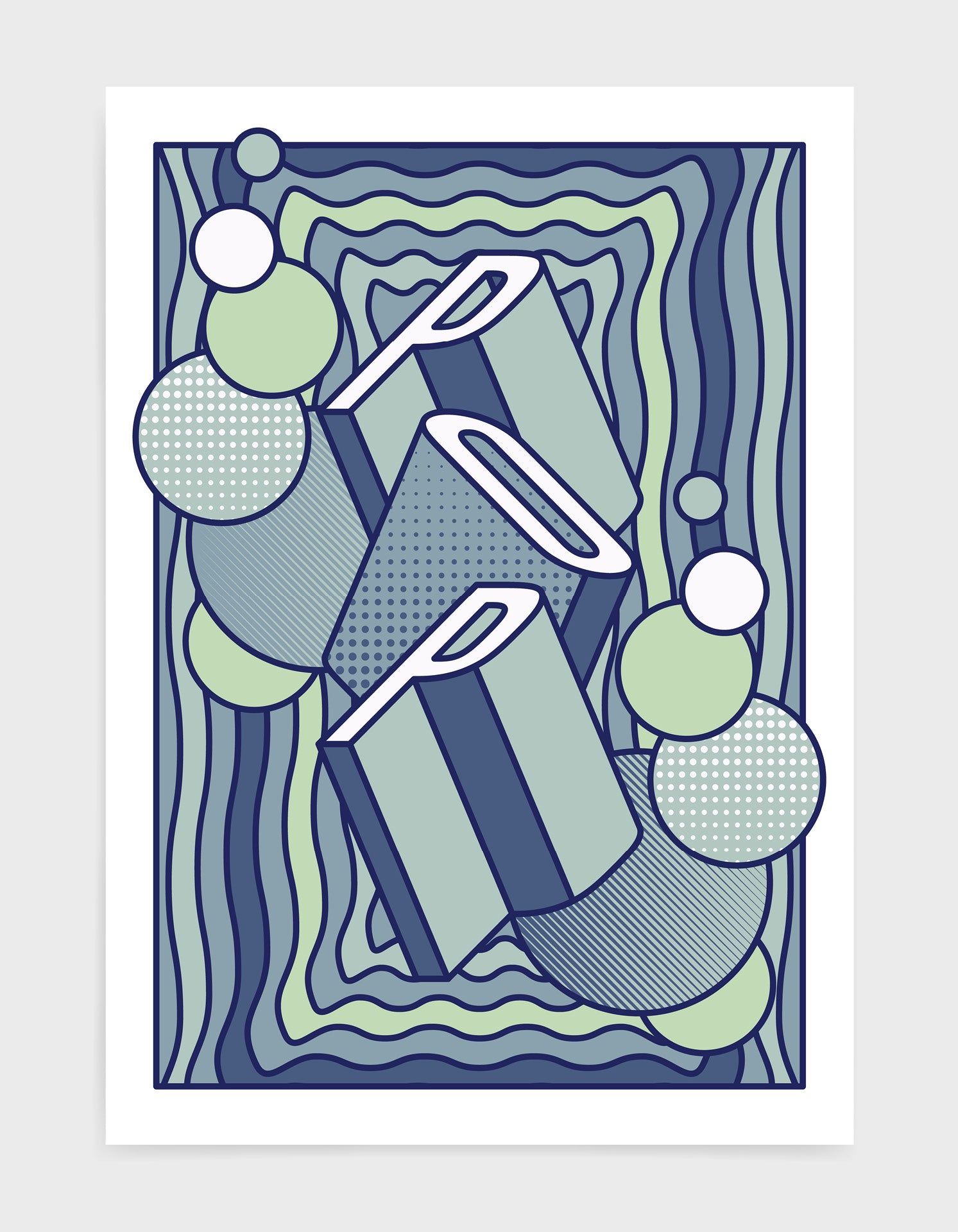 pop music art print featuring a geometric abstract pattern in bold shapes and blue tone colours. Block typography depicts the word Pop in tumbling text