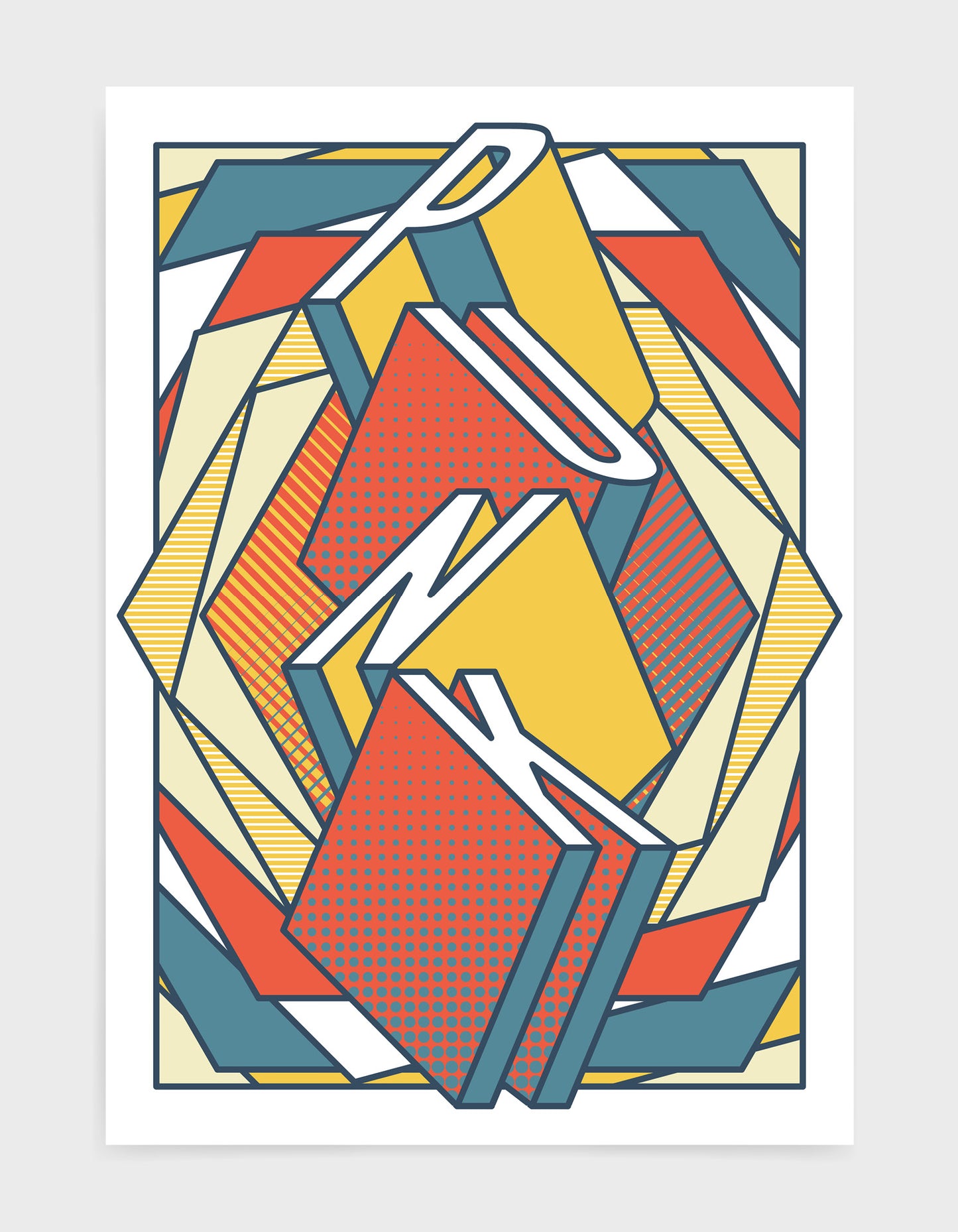 punk music art print featuring a geometric abstract pattern in bold shapes and orange tone colours. Block typography depicts the word punk in tumbling text