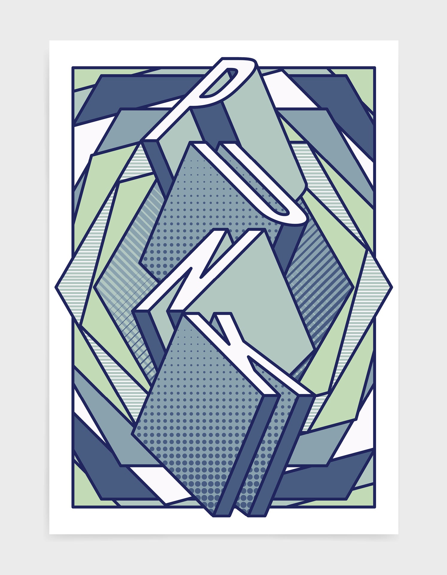 punk music art print featuring a geometric abstract pattern in bold shapes and blue tone colours. Block typography depicts the word punk in tumbling text