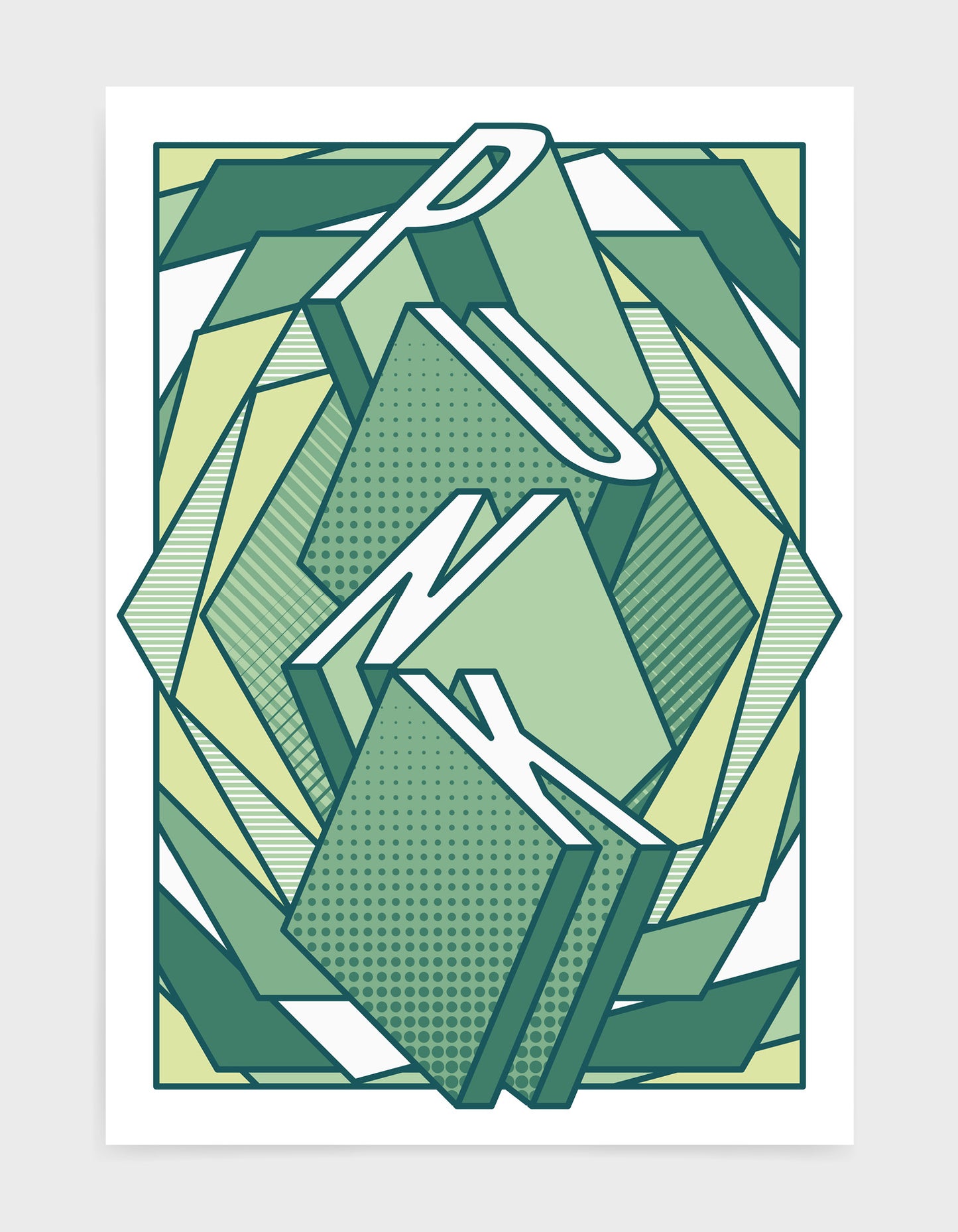 punk music art print featuring a geometric abstract pattern in bold shapes and green tone colours. Block typography depicts the word punk in tumbling text