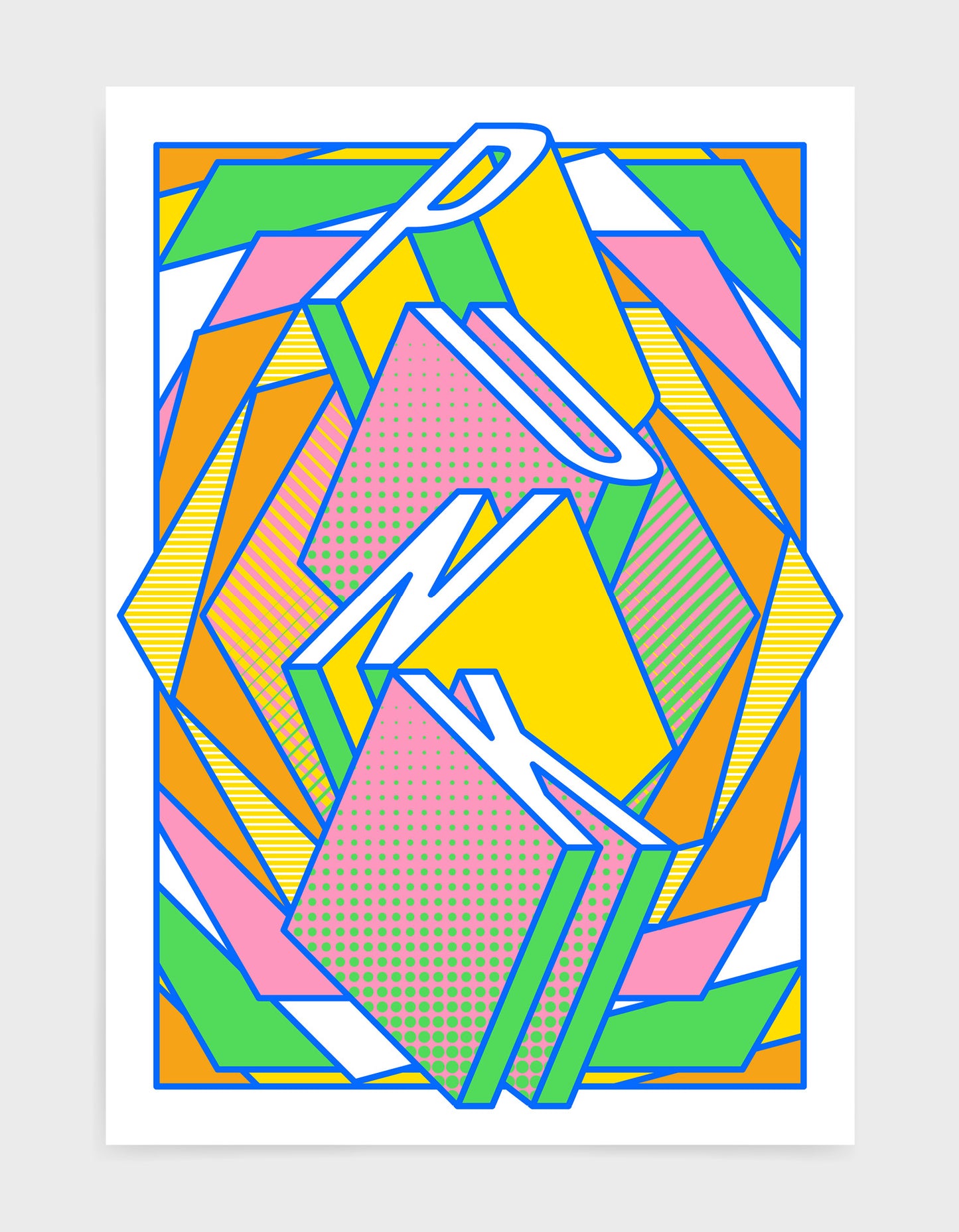 punk music art print featuring a geometric abstract pattern in bold shapes and vibrant rainbow colours. Block typography depicts the word punk in tumbling text