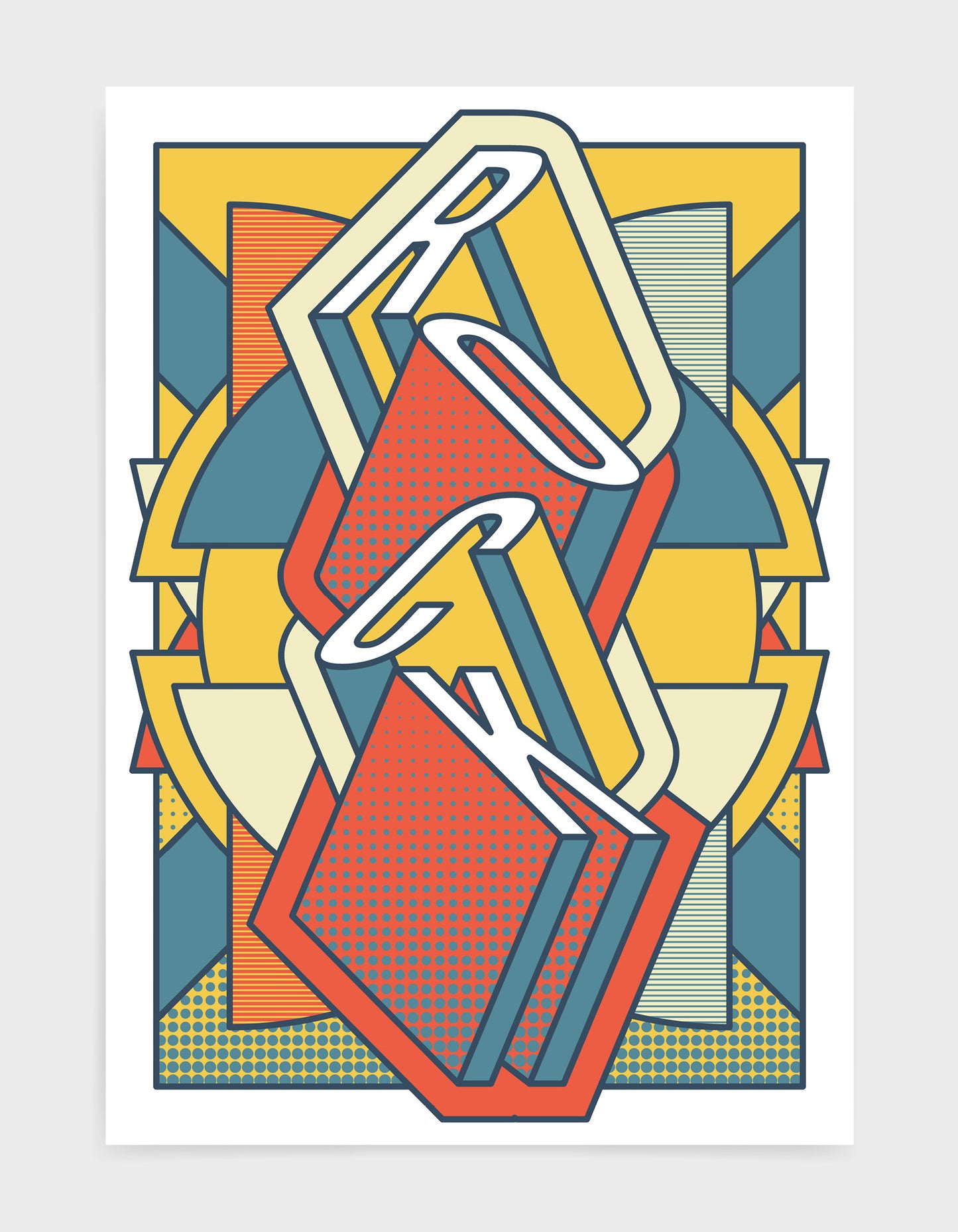 rock music art print featuring a geometric abstract pattern in bold shapes and orange tone colours. Block typography depicts the word Rock in tumbling text