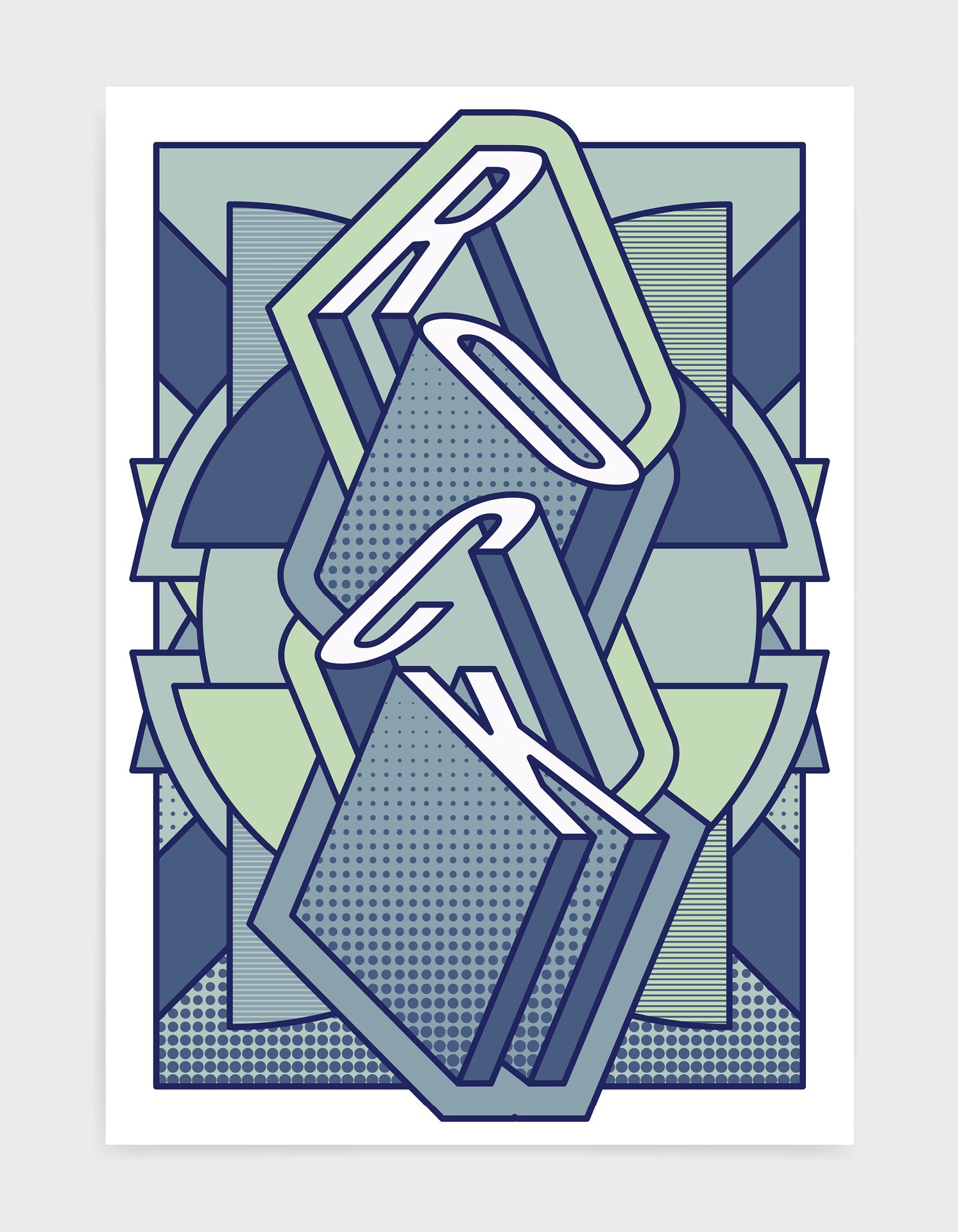 rock music art print featuring a geometric abstract pattern in bold shapes and blue tone colours. Block typography depicts the word Rock in tumbling text