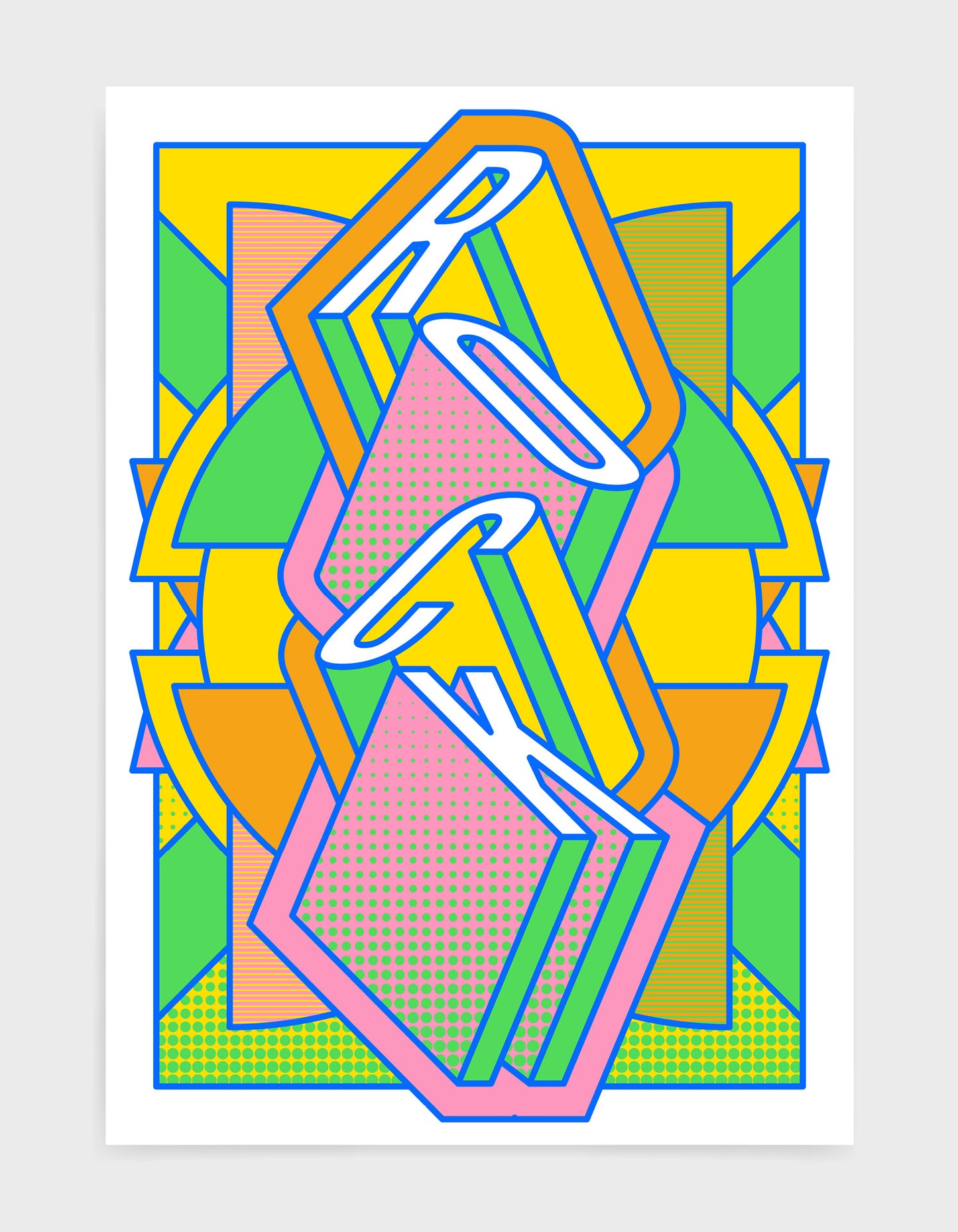 rock music art print featuring a geometric abstract pattern in bold shapes and vibrant rainbow colours. Block typography depicts the word Rock in tumbling text