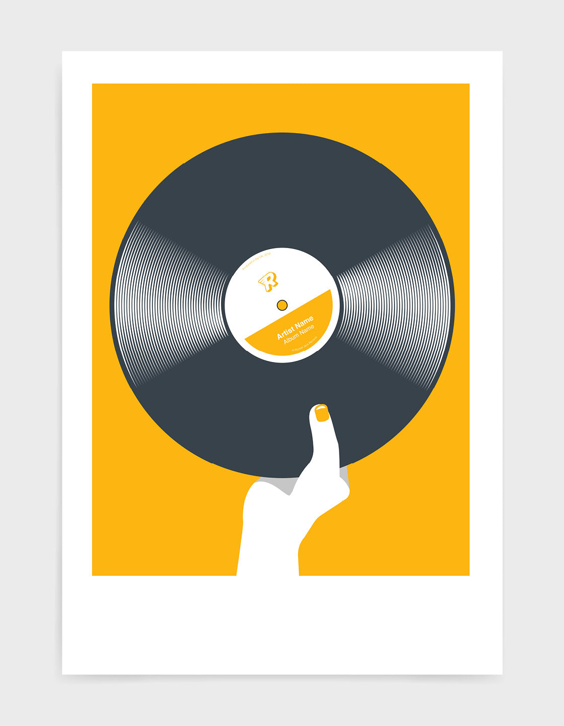 art print image of a Personalised black vinyl record held in a hand with red nails against a yellow background