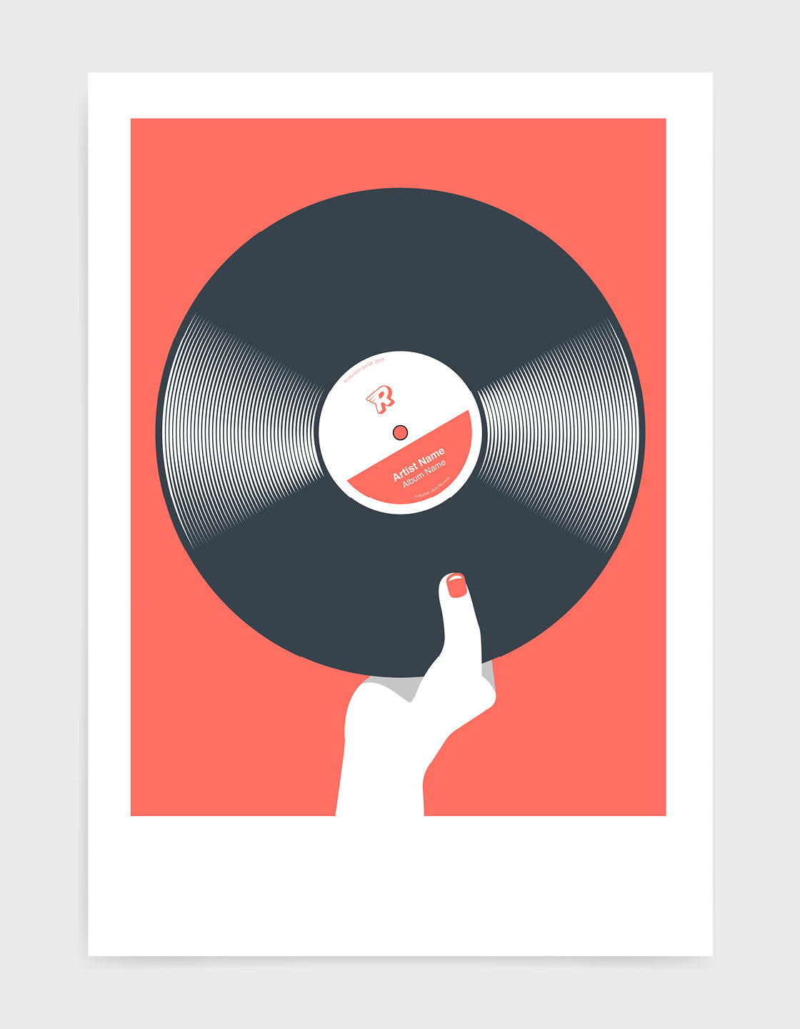 art print image of a black vinyl record held in a hand with red nails against a living coral background
