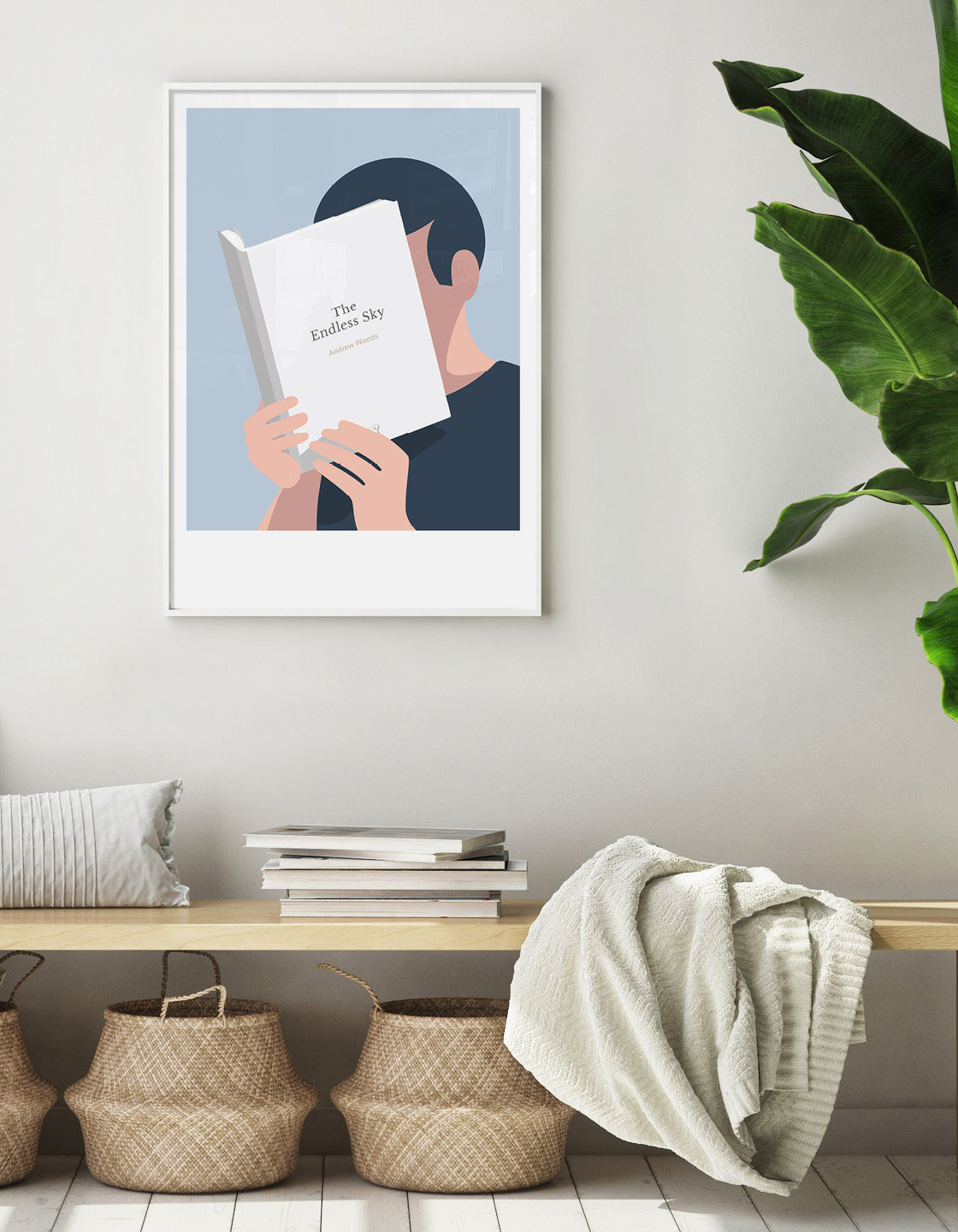 Minimal art print depicting a white person with their head in a book, reading. The book cover can be Personalised, this one has a simple design