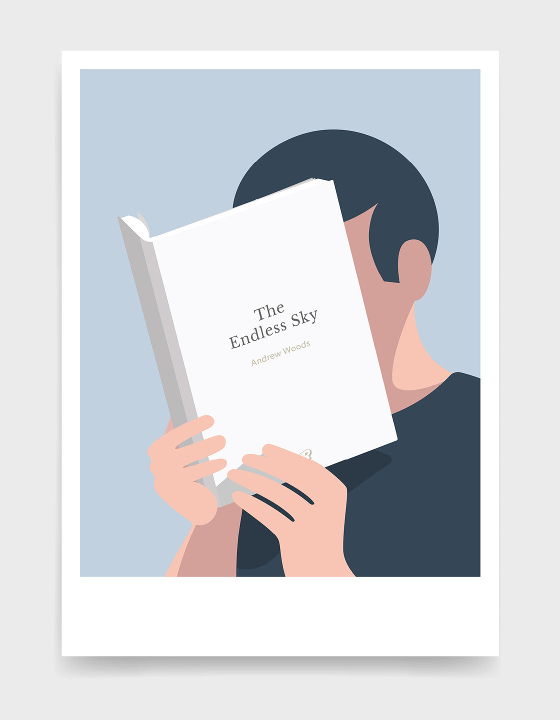 Minimal art print depicting a white person with their head in a book, reading. The book cover can be Personalised, this one has a simple design