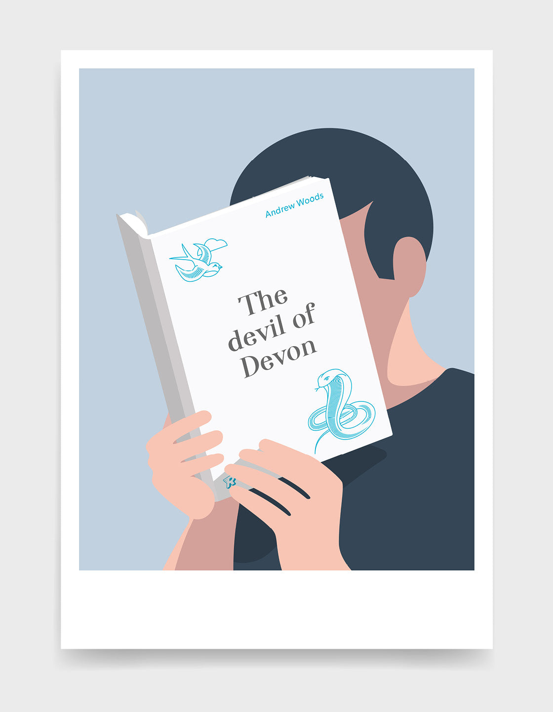 Minimal art print depicting a white person with their head in a book, reading. The book cover can be Personalised, this one has a snake design