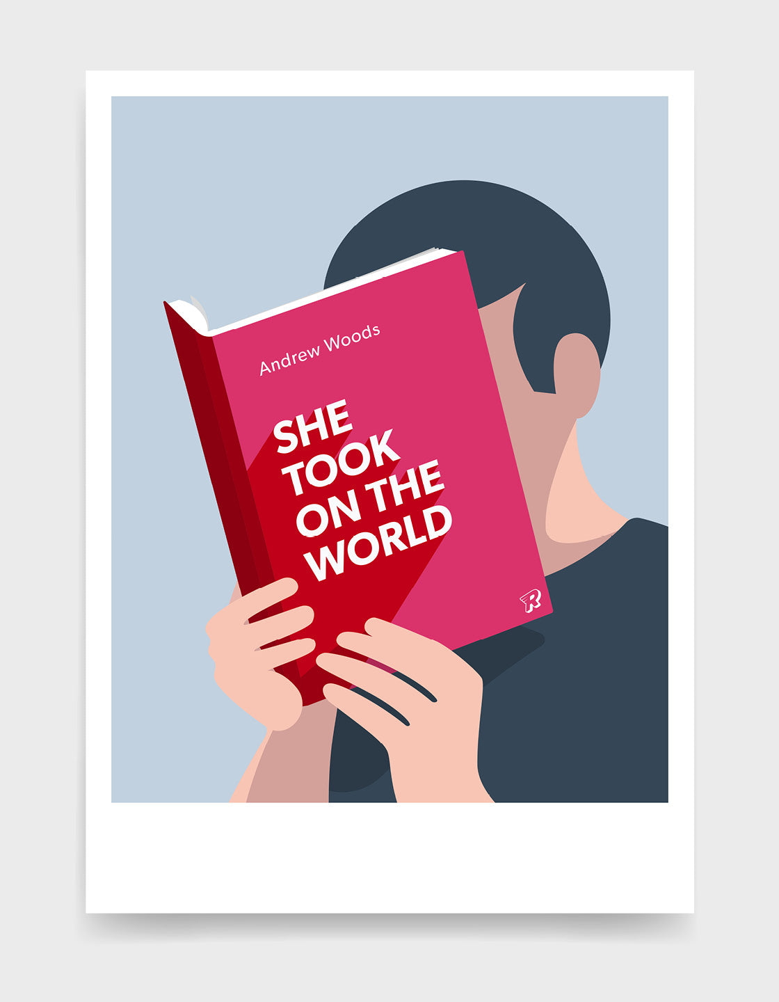 Minimal art print depicting a white person with their head in a book, reading. The book cover can be Personalised, this one has a bright and eye catching design