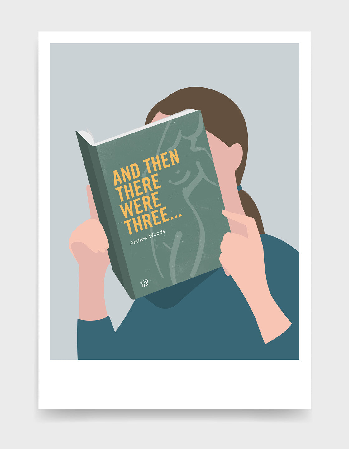 Minimal art print depicting a white person with their head in a book, reading. The book cover can be Personalised, this one has a green design with the outline of a naked female body