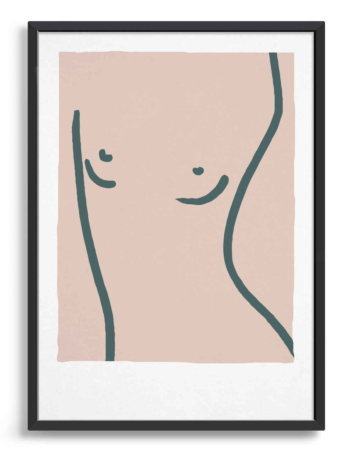 super simpl line drawing in grey against a pink background of a woman's torso and breasts