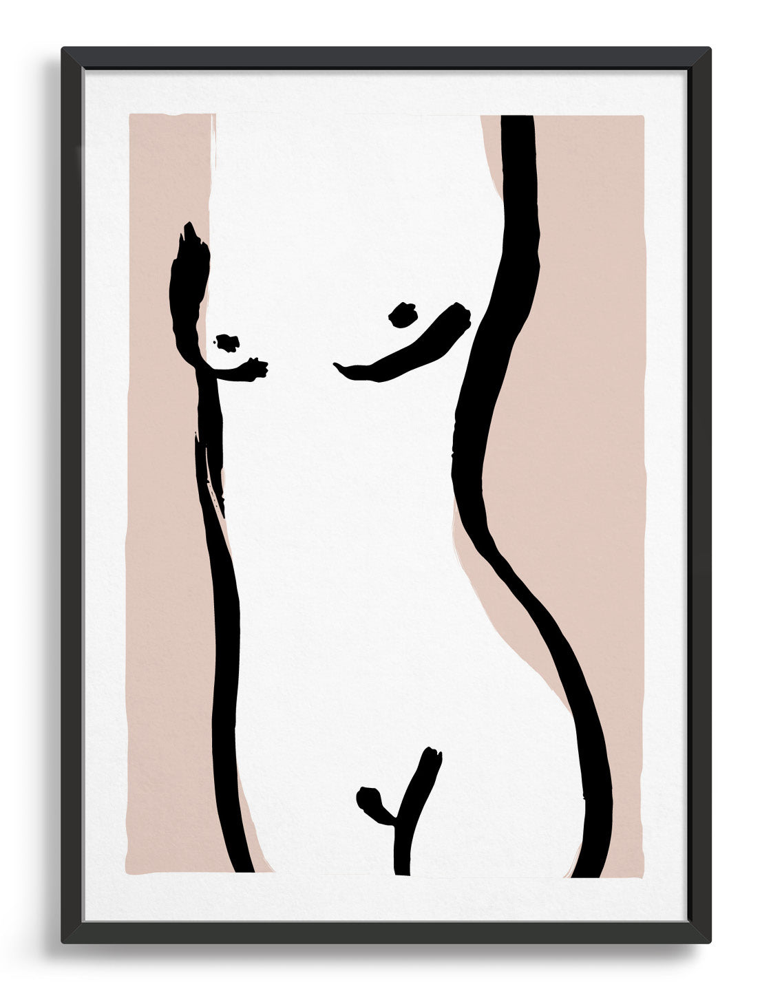 simple line drawing of a female nude body against a light pink background
