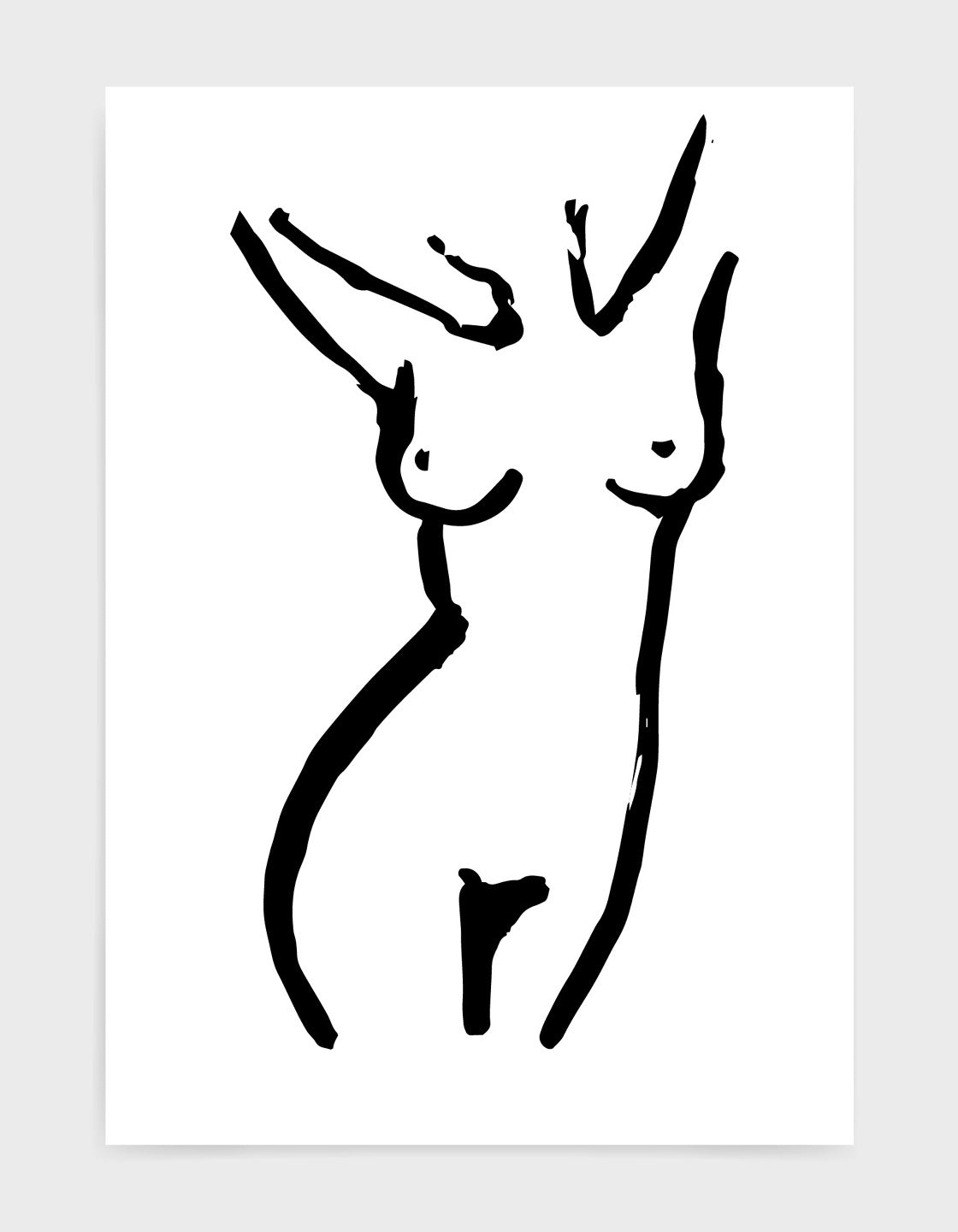 Monochrome line drawing of a female nude with hands behind her head
