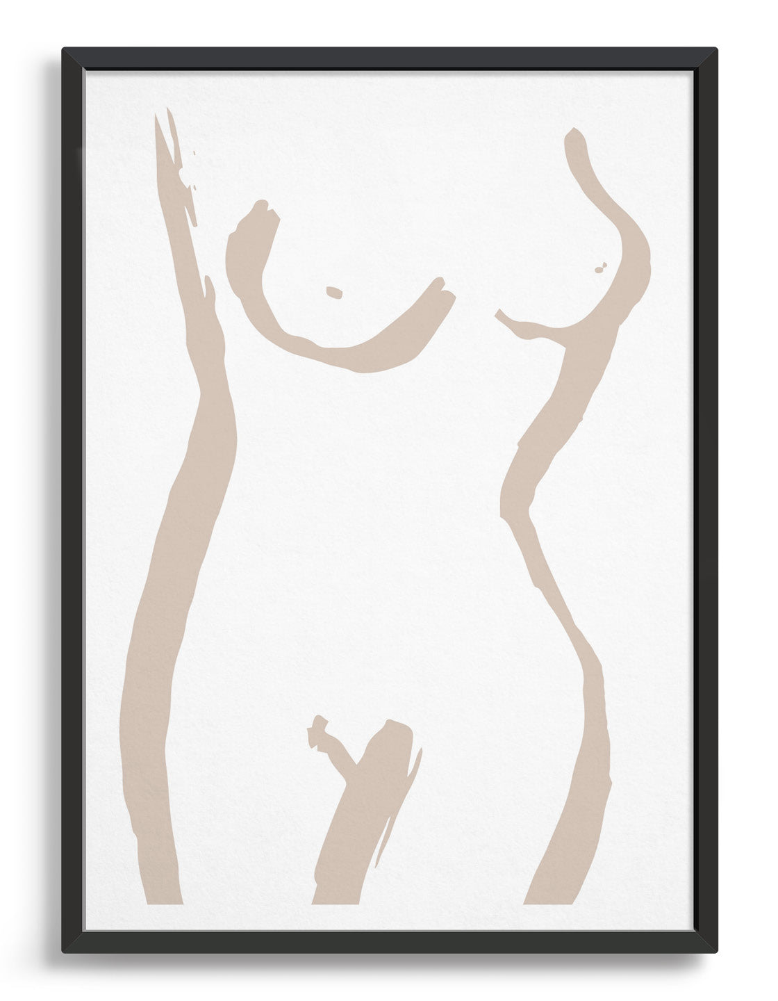 neutral pink line drawing of female nude torso and breasts on a white background
