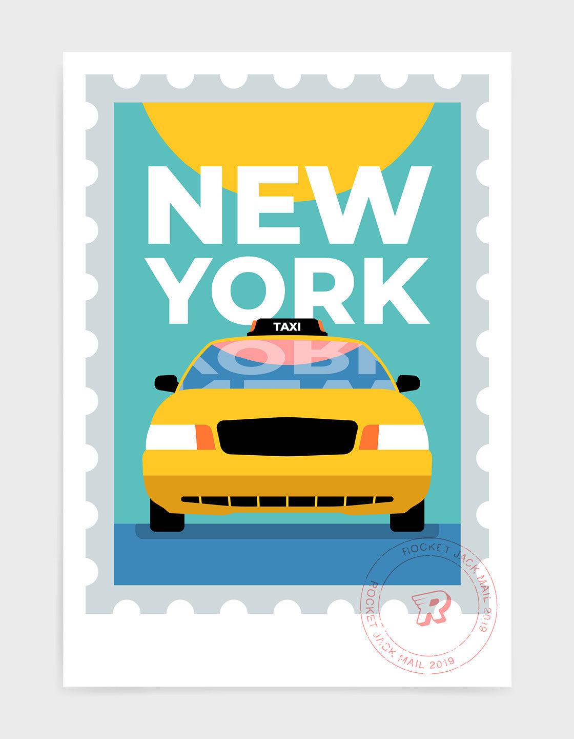 New york city travel poster featuring a yellow taxi on a bright background with bold type