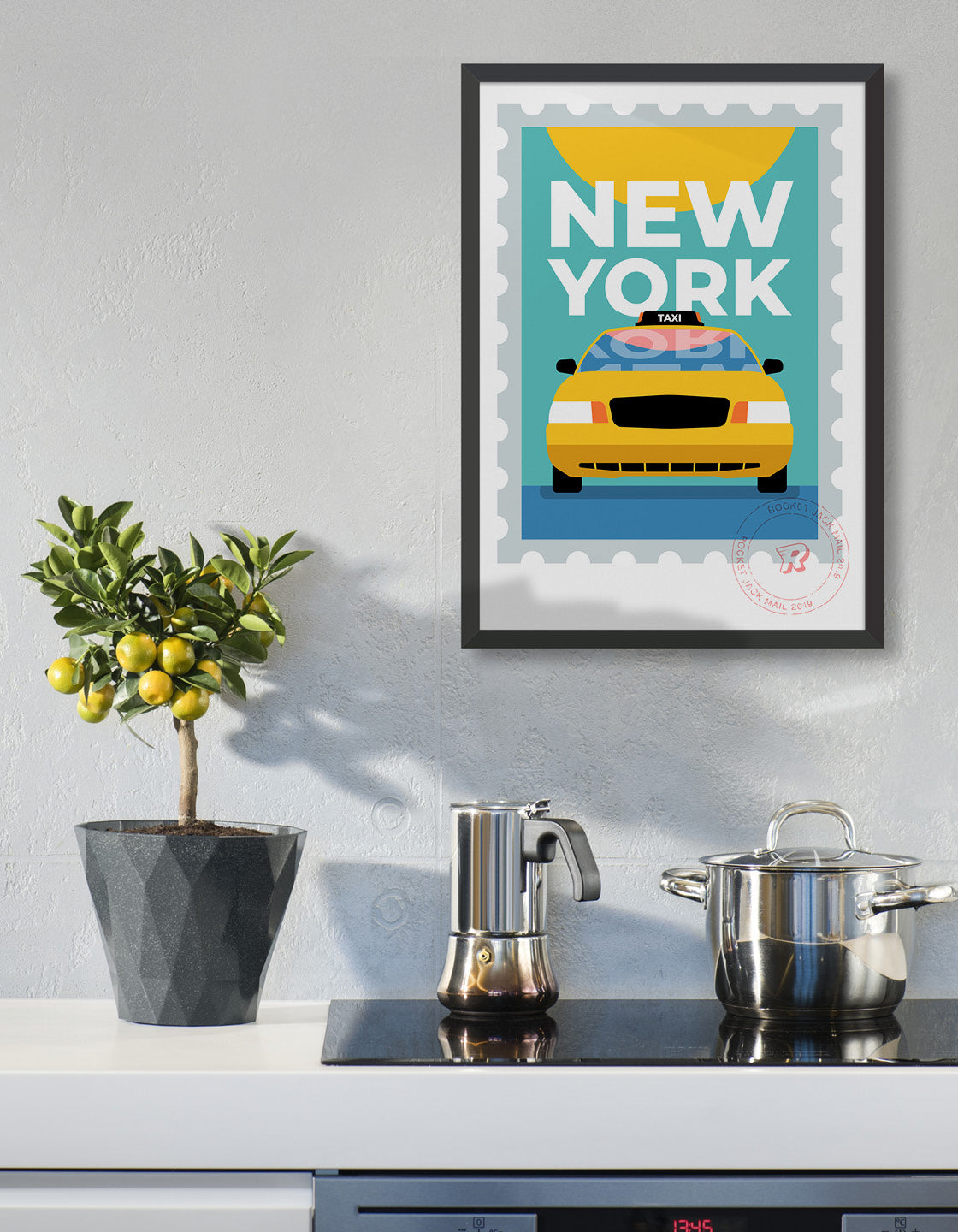 New york city travel poster featuring a yellow taxi on a bright background with bold type