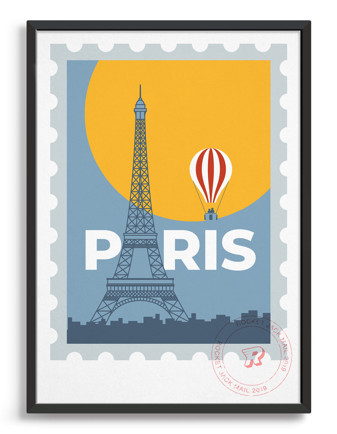 Paris stamp print featuring a hot air balloon and the Eiffel Tower