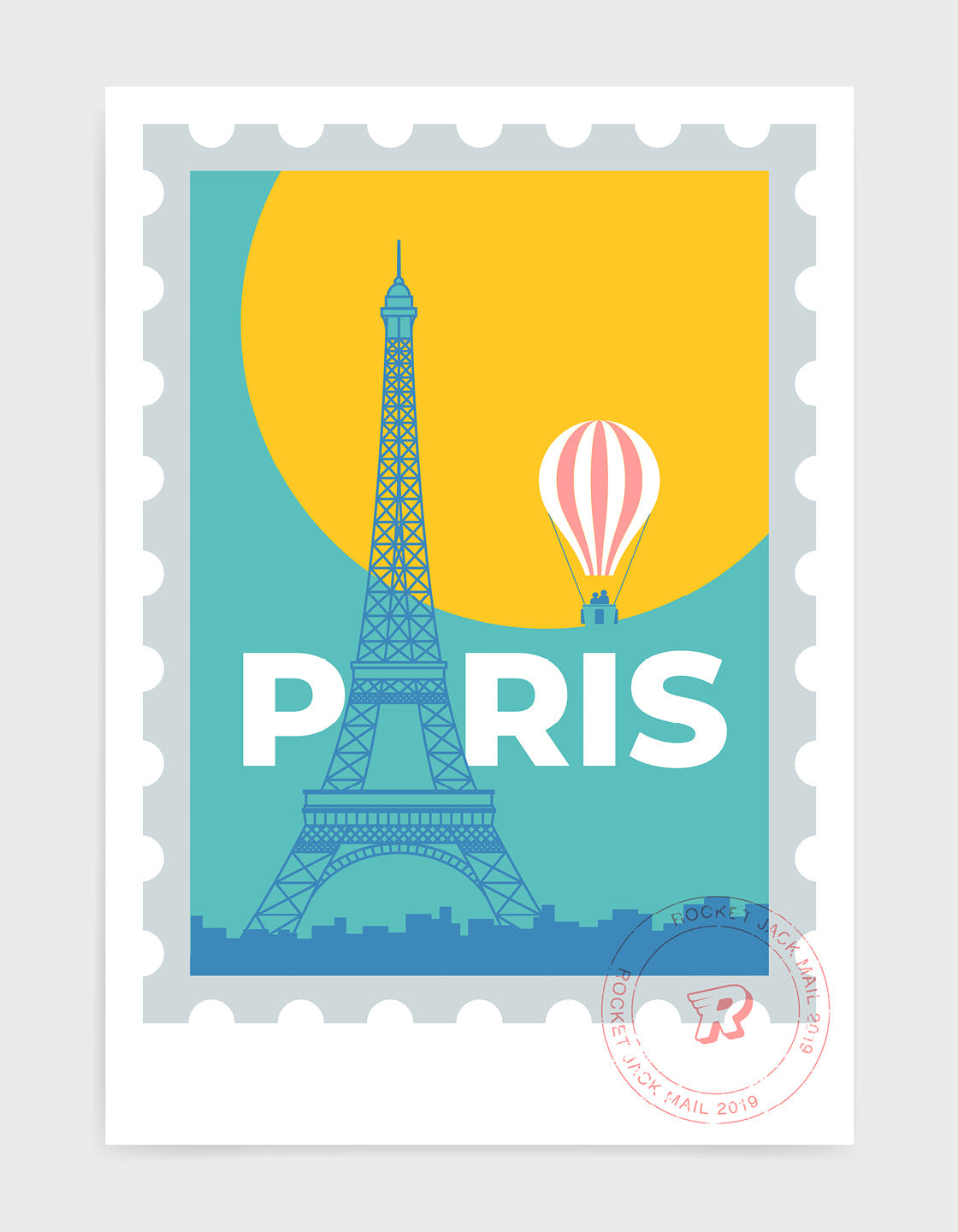 Paris stamp print featuring a hot air balloon and the Eiffel Tower