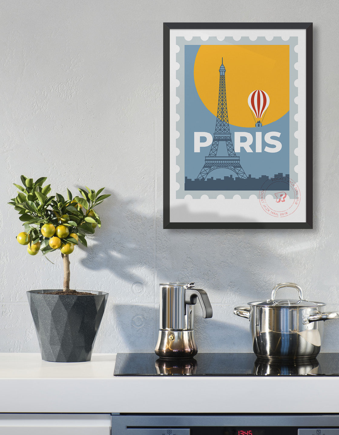 Paris stamp print featuring a hot air balloon and the Eiffel Tower