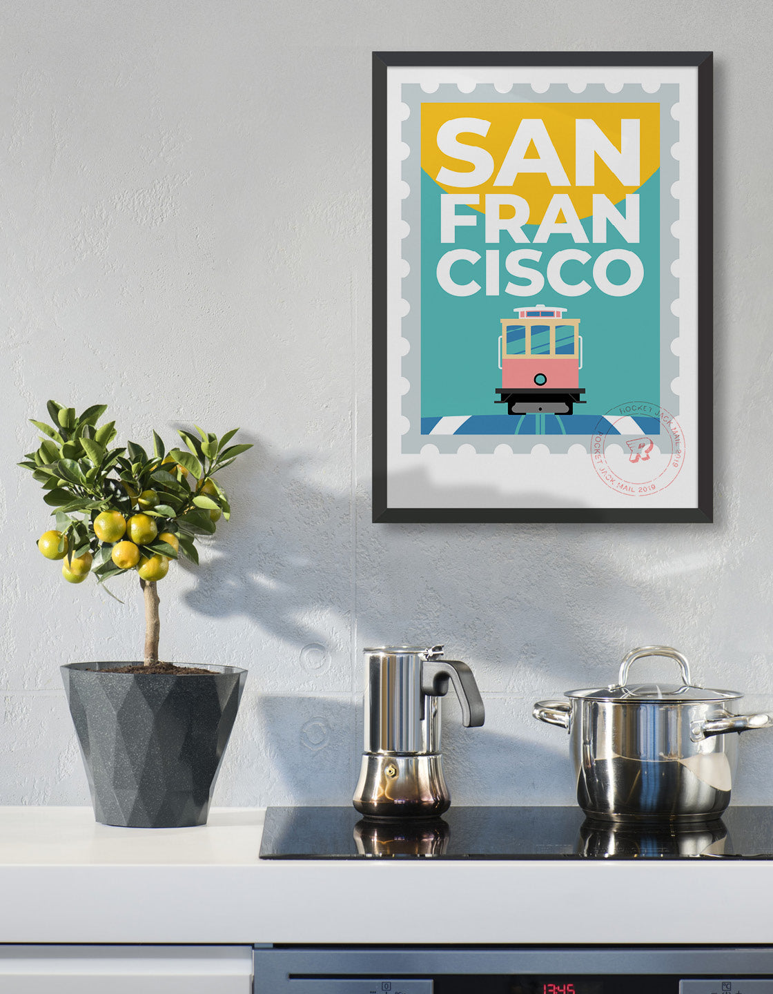 San Francisco stamp style travel poster featuring tram and city text on a bright background