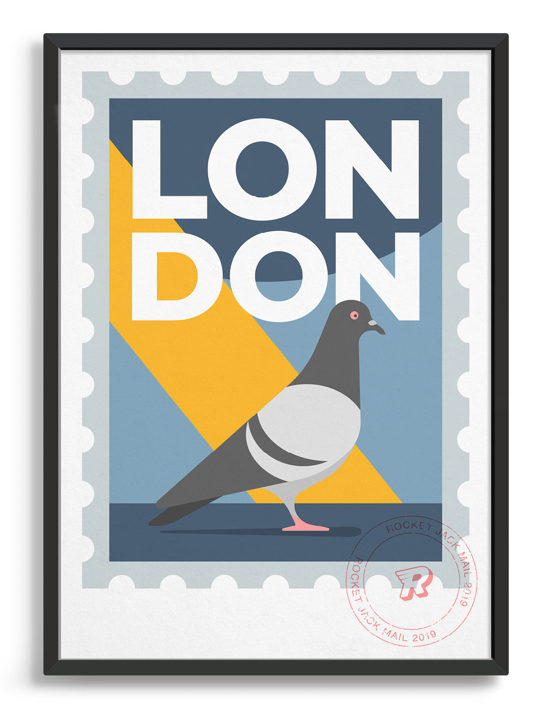 Customisable London stamp print featuring a pigeon against a grey and yellow background