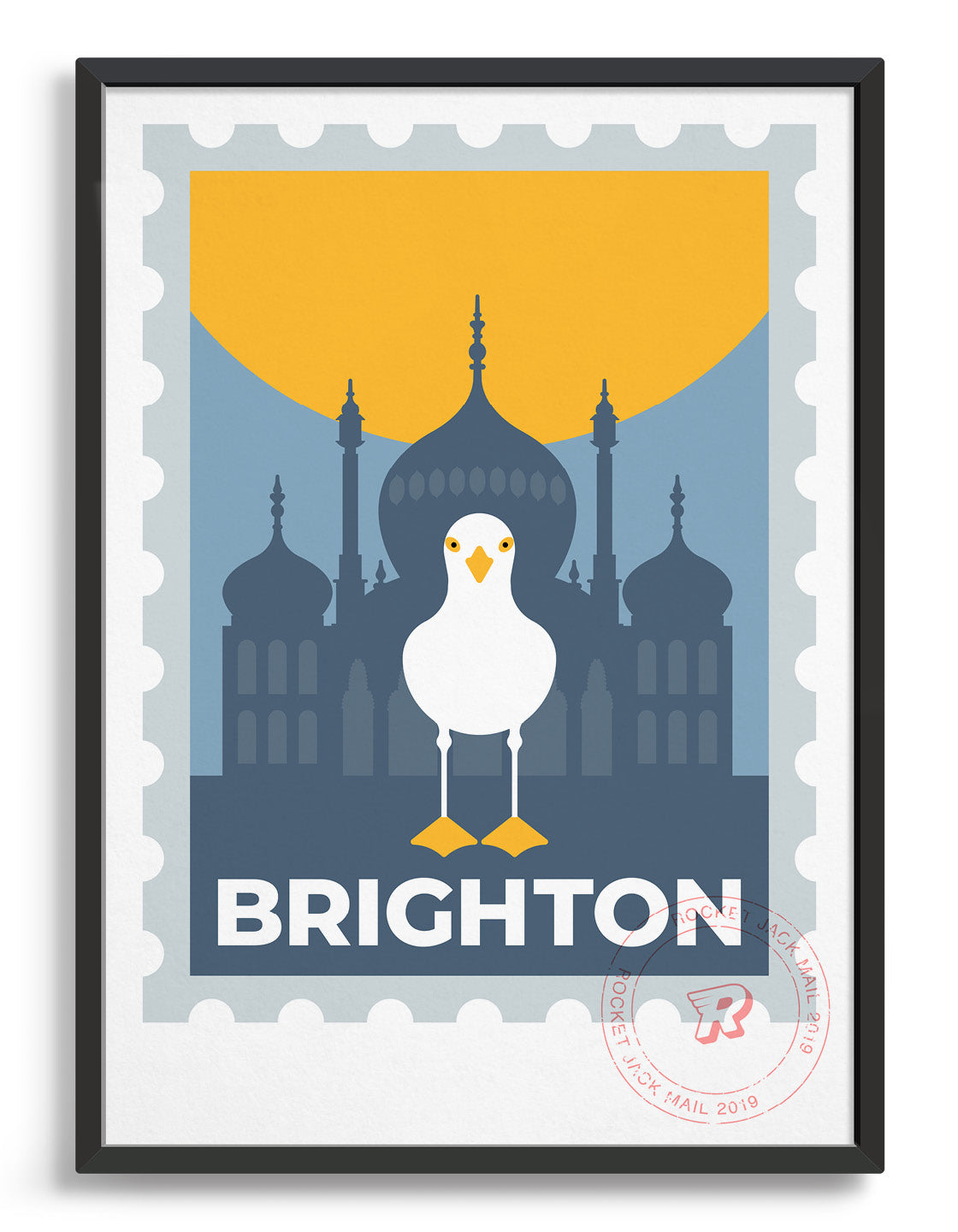 Brighton stamp poster, featuring the Royal Pavilion and a seagull standing on the Brighton text.