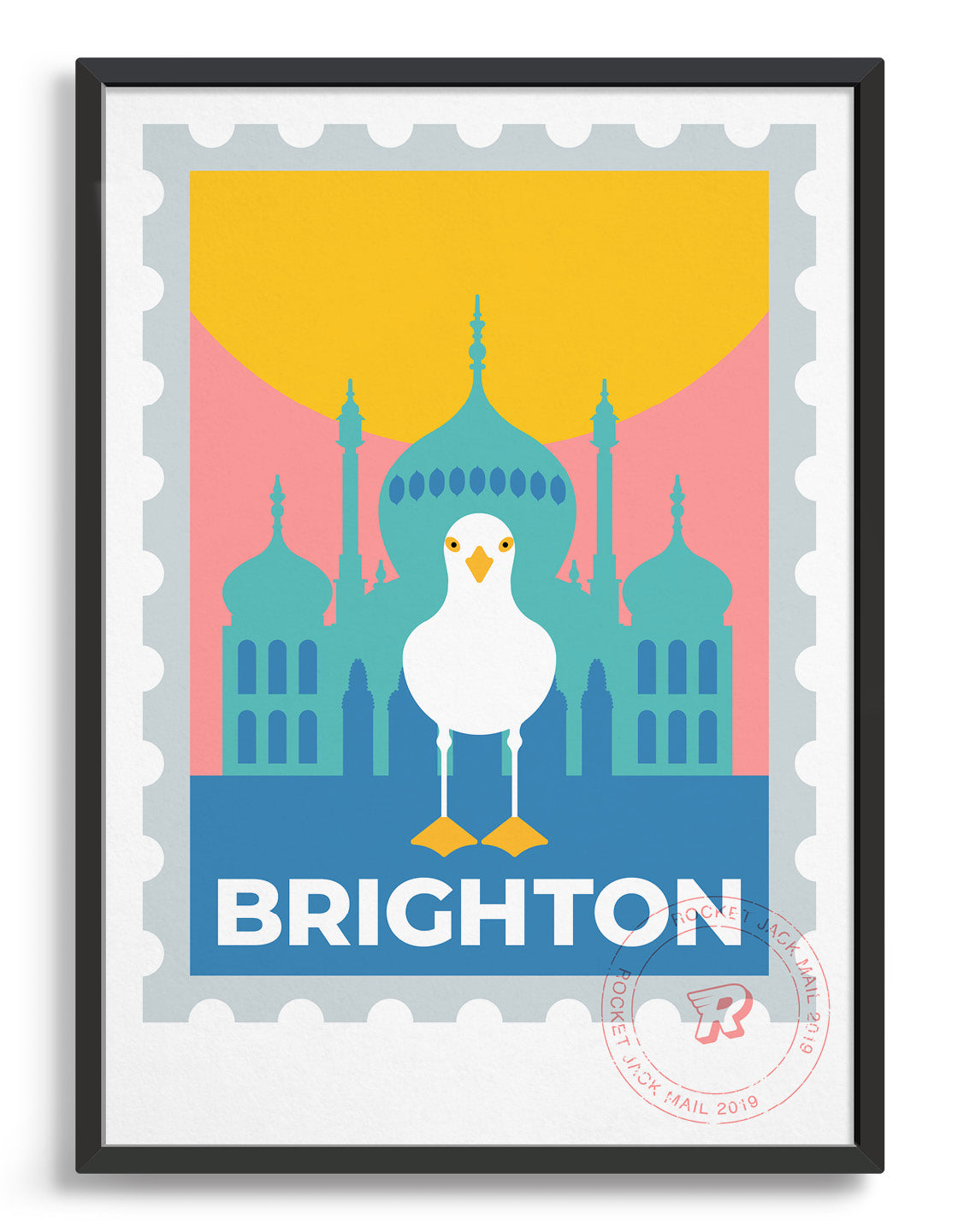 Brighton stamp poster, featuring the Royal Pavilion and a seagull standing on the Brighton text.