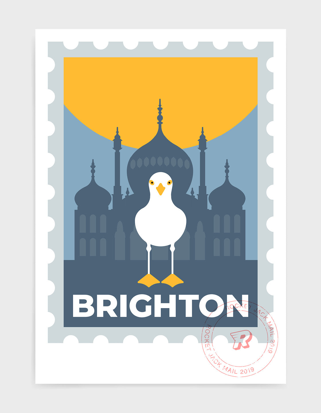Brighton stamp poster, featuring the Royal Pavilion and a seagull standing on the Brighton text.