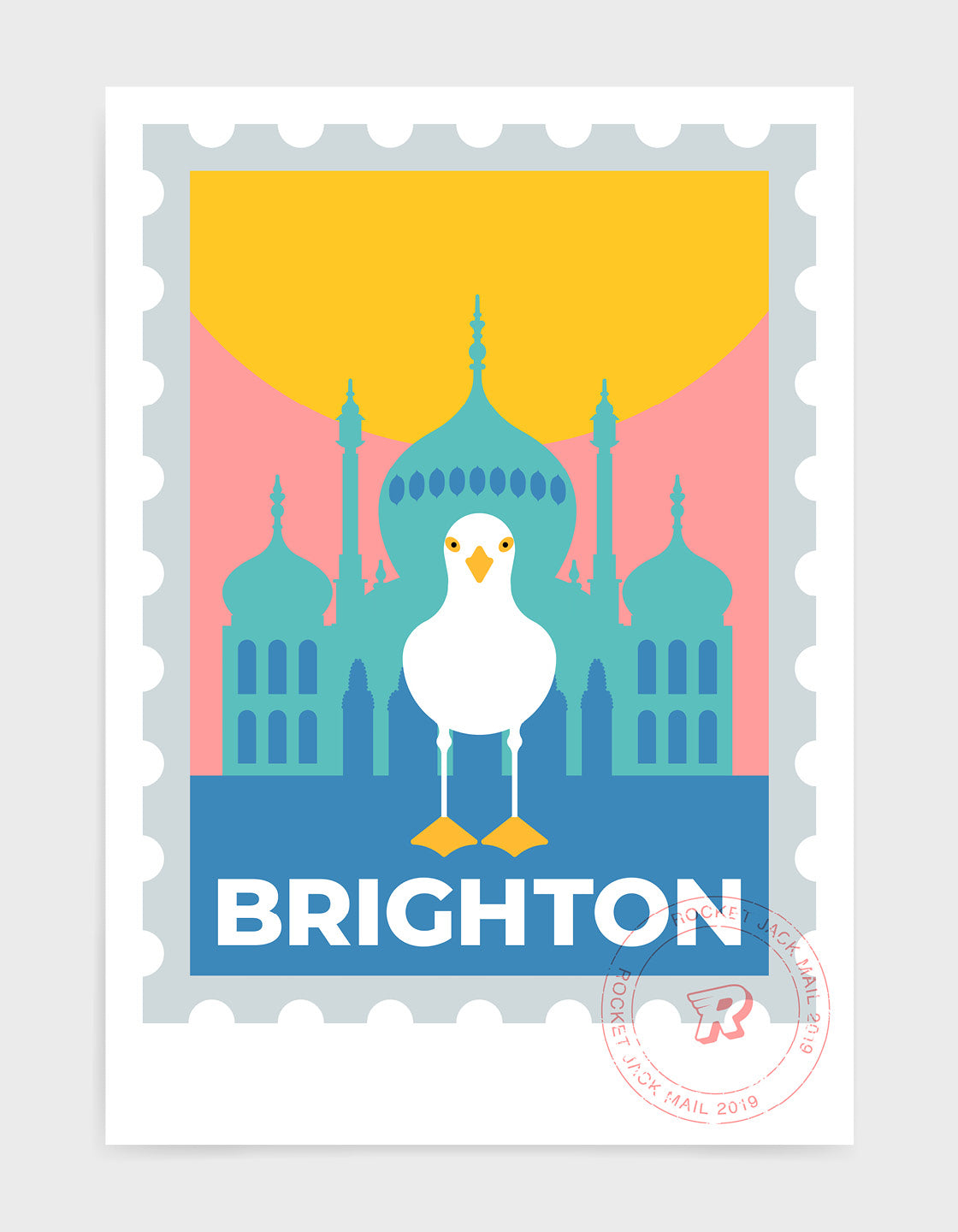 Brighton stamp poster, featuring the Royal Pavilion and a seagull standing on the Brighton text.