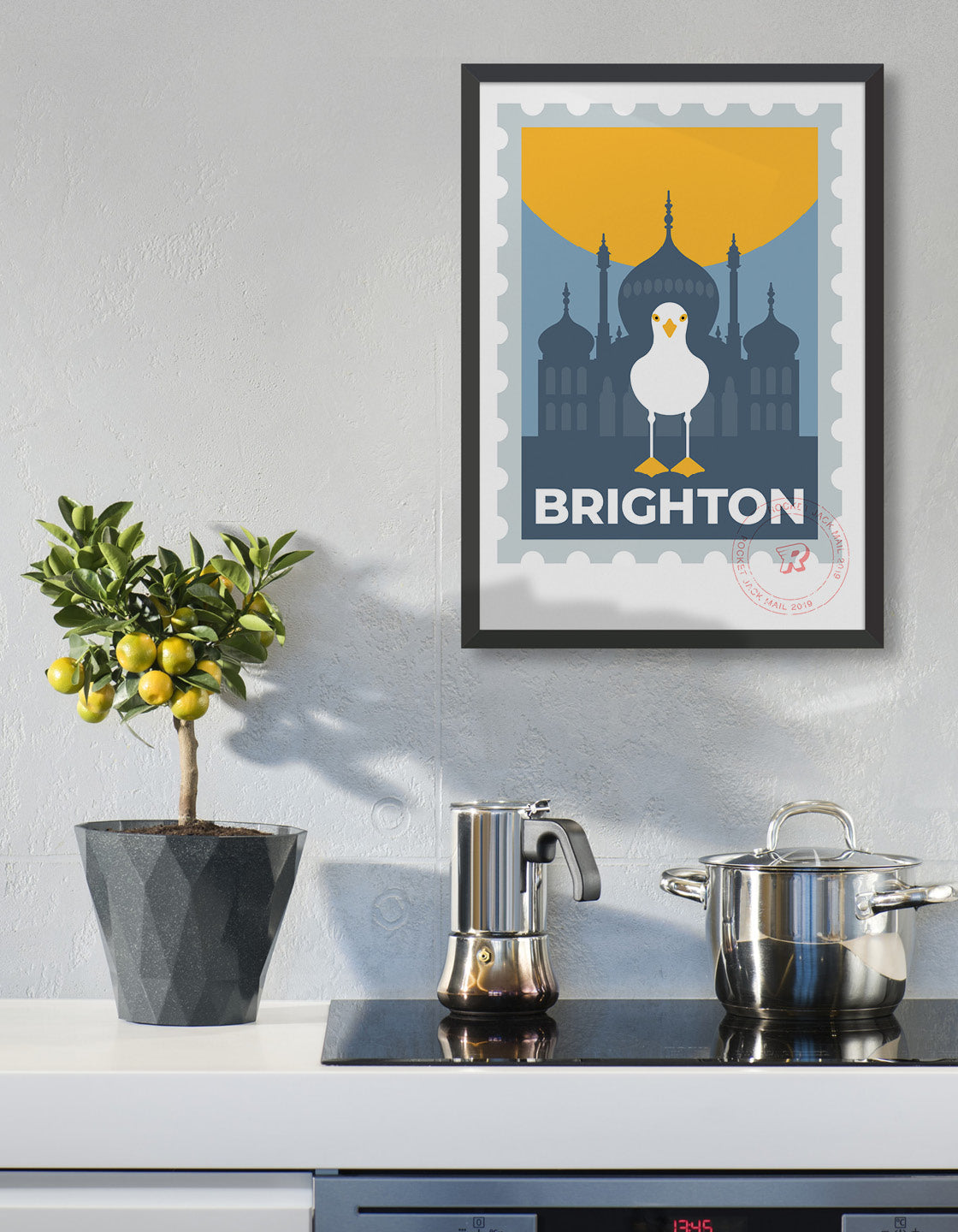 Brighton stamp poster, featuring the Royal Pavilion and a seagull standing on the Brighton text.