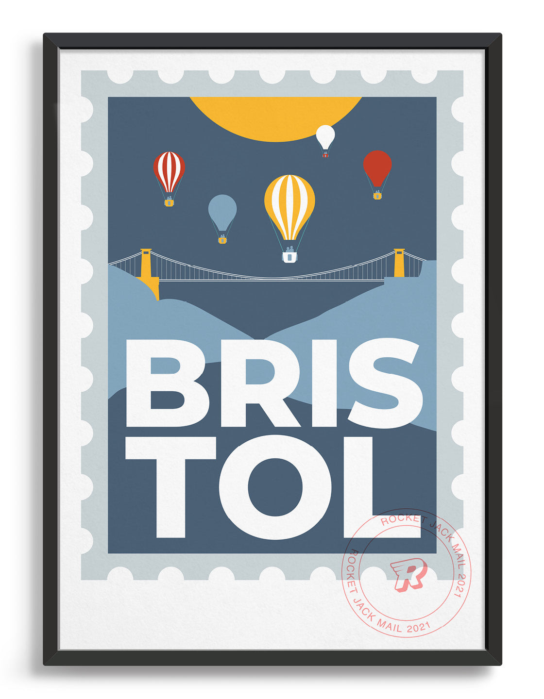 Customisable Bristol stamp print featuring the suspension bridge and hot air balloons against a grey & yellow background