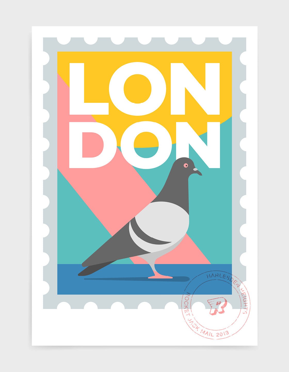 Customisable London stamp print featuring a pigeon against a bright background